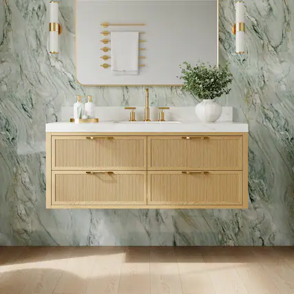 Front. WELLFOR - LYNOAK 48 in. Wall-mount Solid Wood Bath Vanity with Quartz Top, Single Sink, Soft Close, Assembled - OAK.