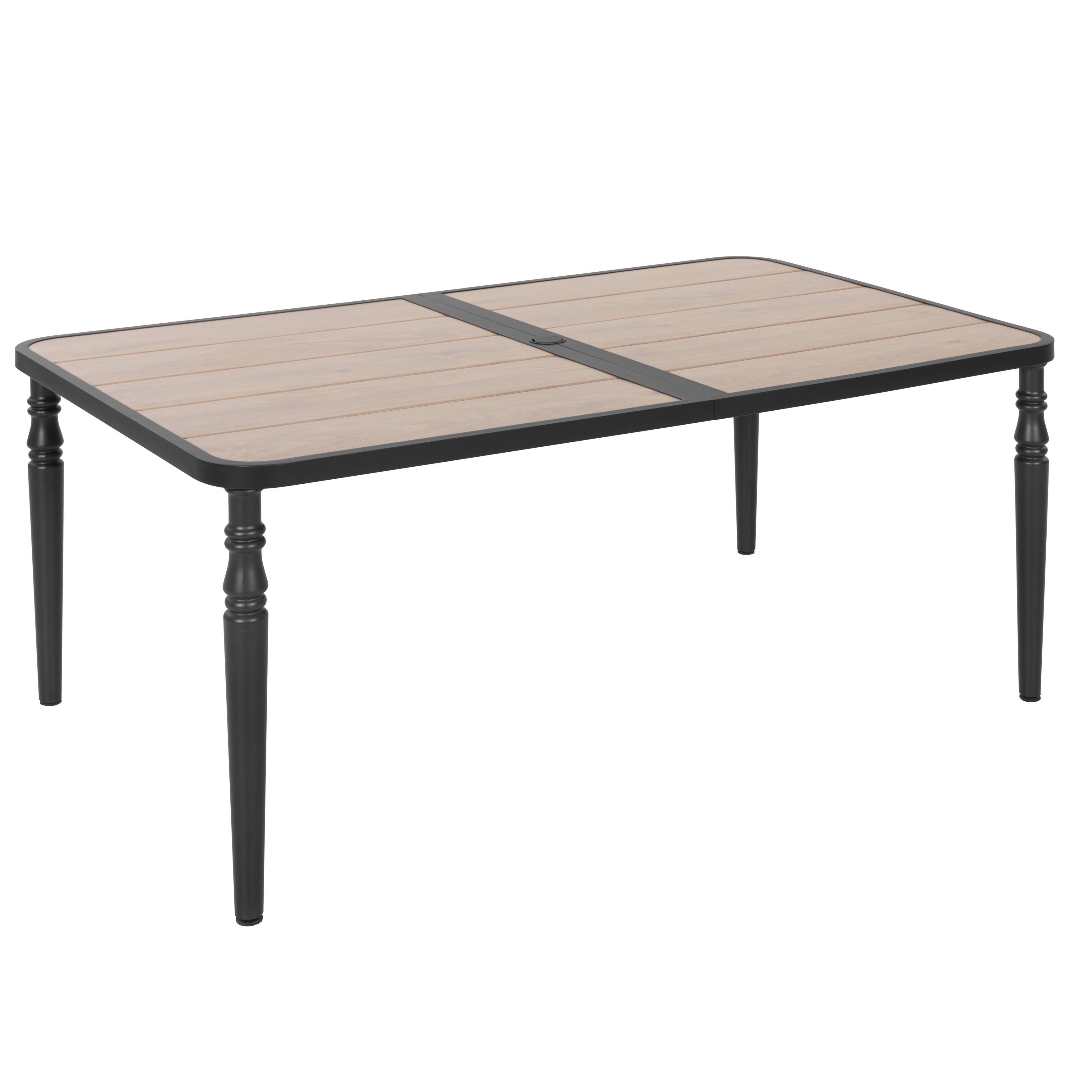Alt View 6. Nuu Garden - Outdoor Rectangle Metal Dining Table with Wood-Grain Tabletop, Umbrella Hole - Black and wood-grain finish.