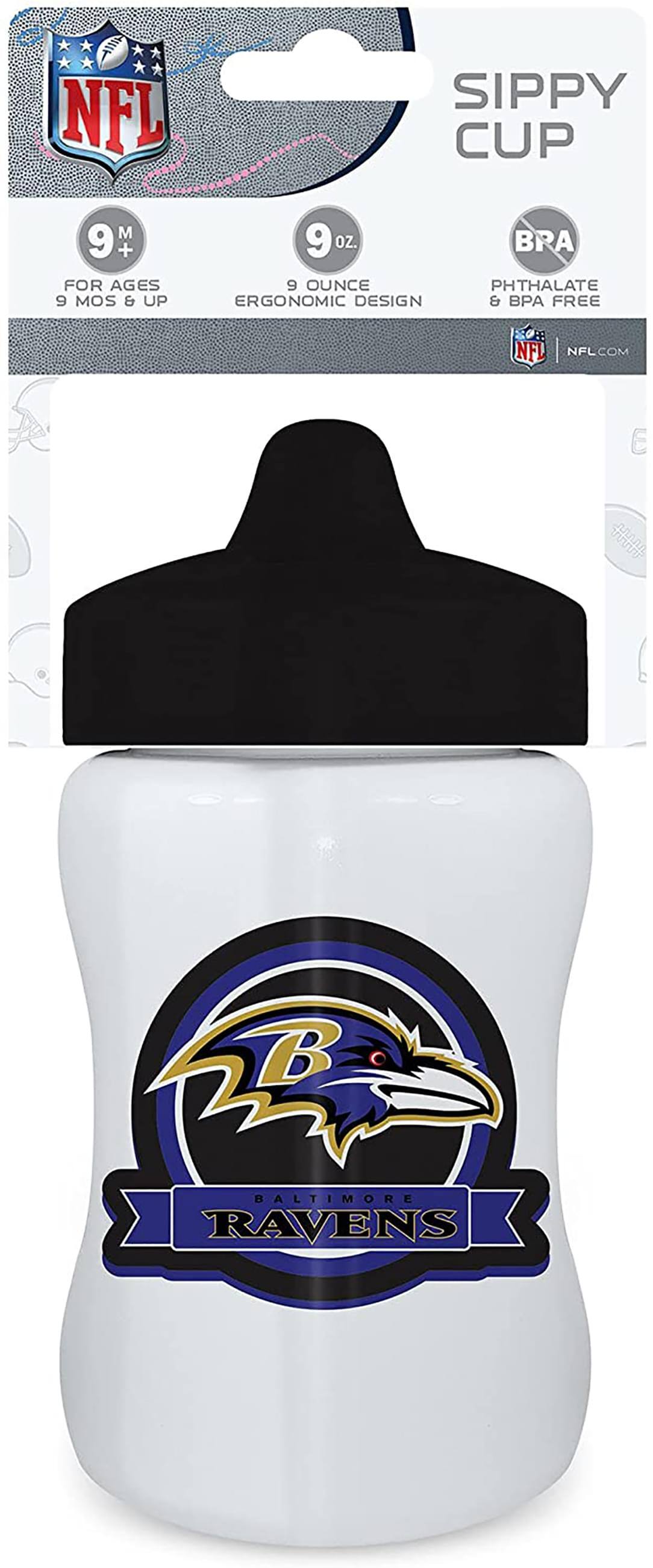 NFL SIPPY CUP  
9+ FOR AGES 9 MOS & UP  
9 OZ 9 OUNCE ERGONOMIC DESIGN  
BPA & PHTHALATE FREE  
NFL.COM  
BALTIMORE RAVENS