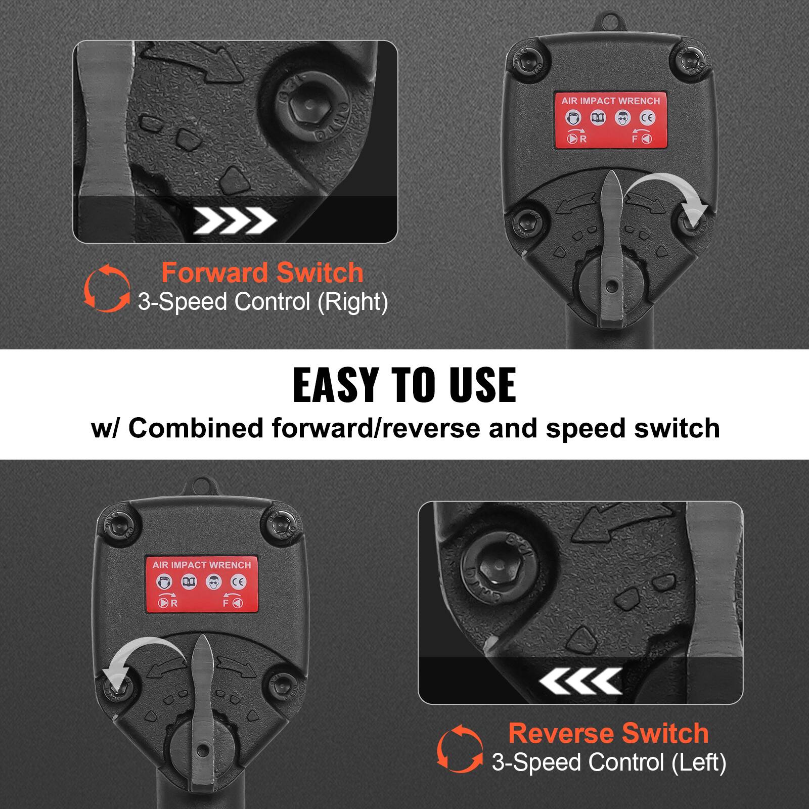 **AIR IMPACT WRENCH**

- **Forward Switch**
  - 3-Speed Control (Right)

- **Reverse Switch**
  - 3-Speed Control (Left)

**EASY TO USE**
w/ Combined forward/reverse and speed switch