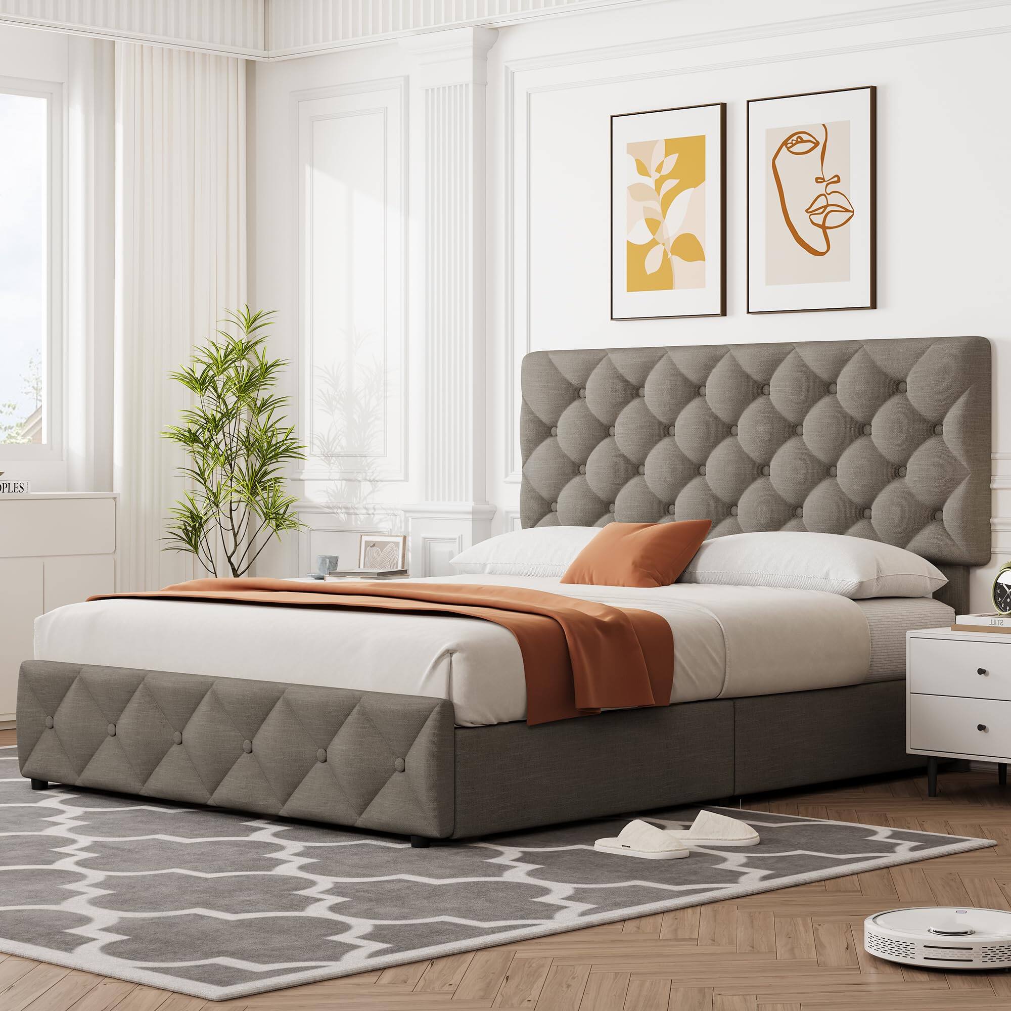 Alt View 2. Jojoka - King Upholstered Bed Frame with 4 Drawers & Adjustable Tufted Headboard, Diamond Stitched Button Tufted - White-PU.