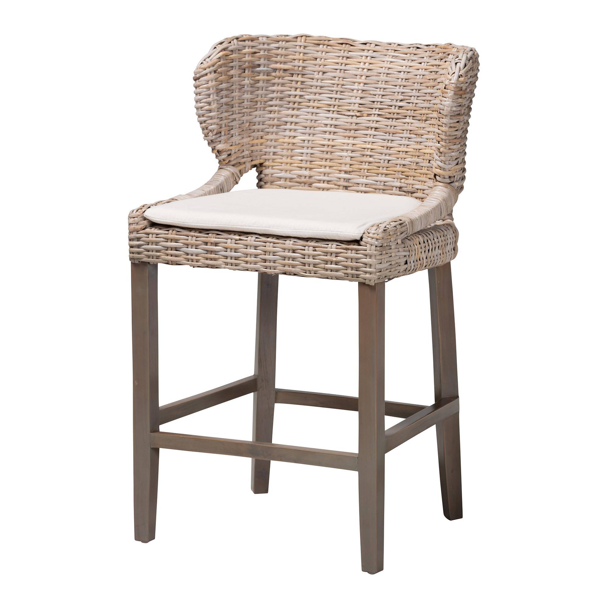 Front. bali & pari - Niesha Kubu Rattan Counter Stool with Cushion - Handwoven Wicker Accent Stool with Flared Arms Design for Kitchen Island - Greywashed/Grey.