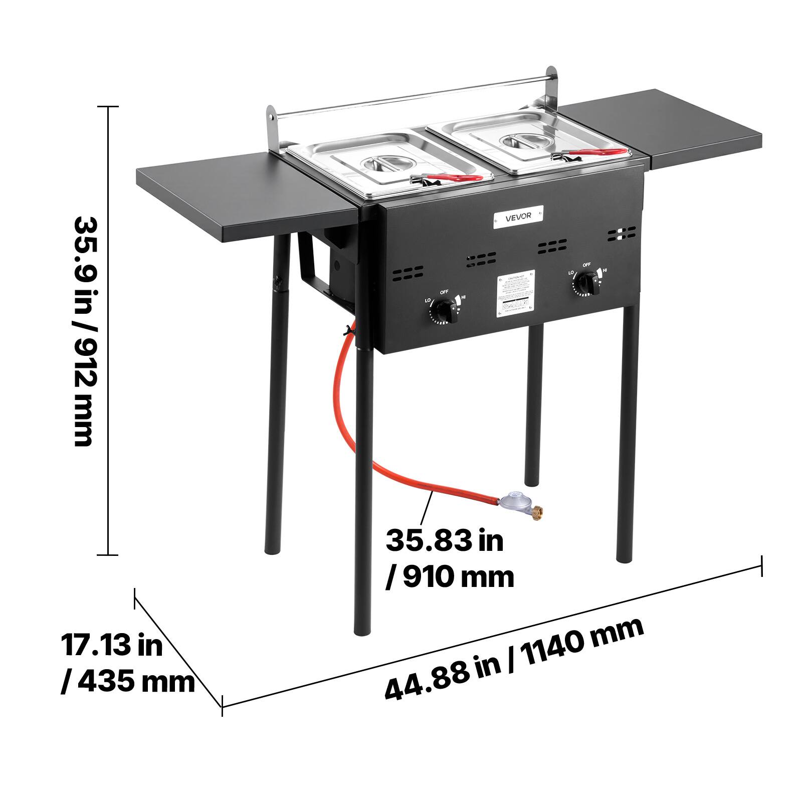 - Height: 35.9 in / 912 mm
- Width: 44.88 in / 1140 mm
- Depth: 17.13 in / 435 mm
- Height of the grill: 35.83 in / 910 mm