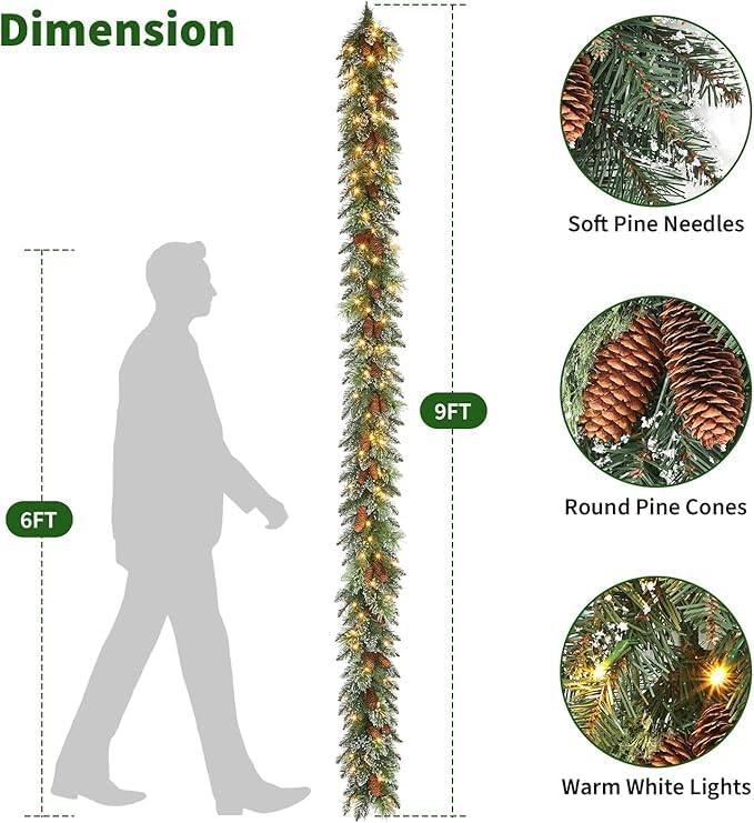 Dimension  
Soft Pine Needles  
Round Pine Cones  
Warm White Lights  
9FT  
6FT