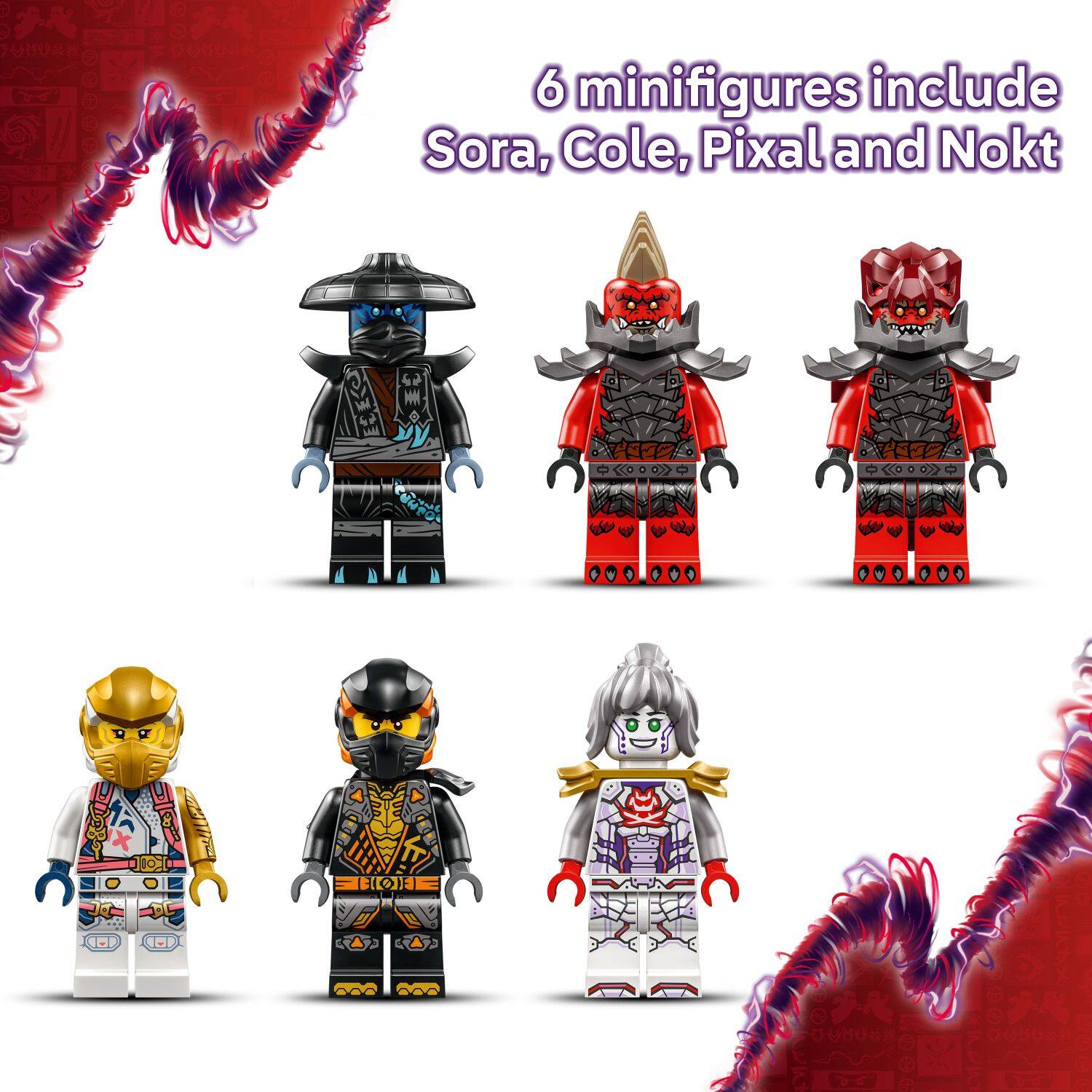 6 minifigures include Sora, Cole, Pixal, and Nokt.