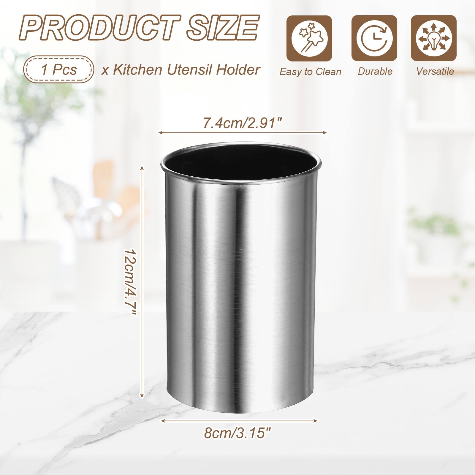 PRODUCT SIZE
1 Pcs
x Kitchen Utensil Holder
Easy to Clean
Durable
Versatile
7.4cm/2.91"
12cm/4.7"
8cm/3.15"