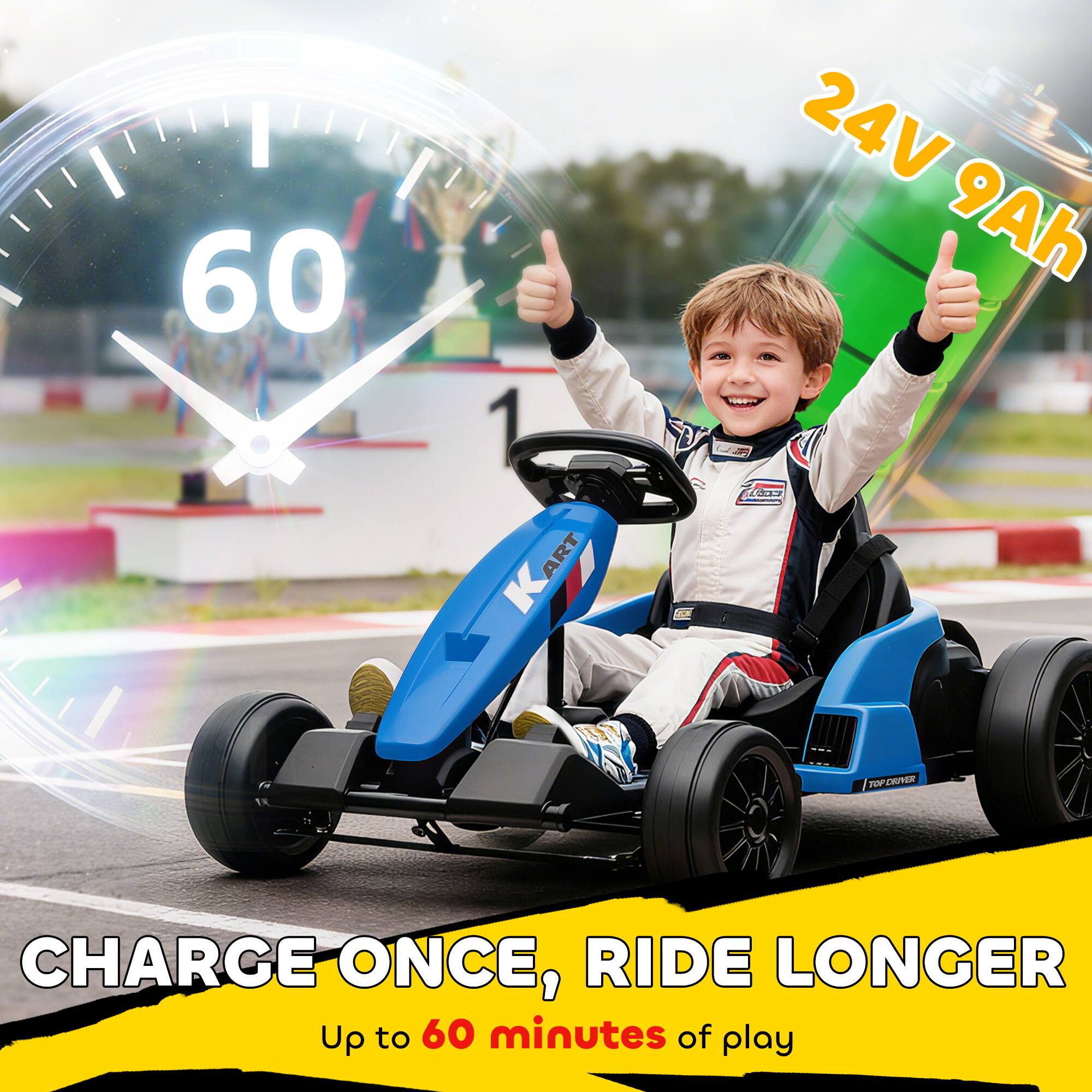 60 1 KART ART 24V 9Ah U4  
CHARGE ONCE, RIDE LONGER  
Up to 60 minutes of play