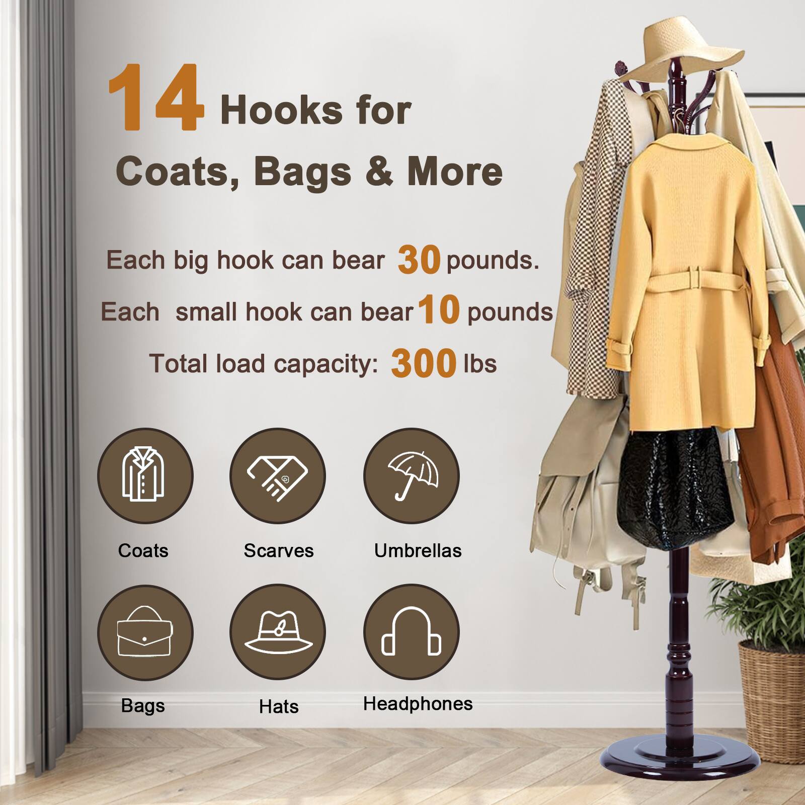 Alt View 1. Chateau Abodes - Solid Wood Coat Rack, Free Standing Hall Coat Tree with 14Hooks, 3 Height Options, 300lbs Load, Stury Base - Ruyi.