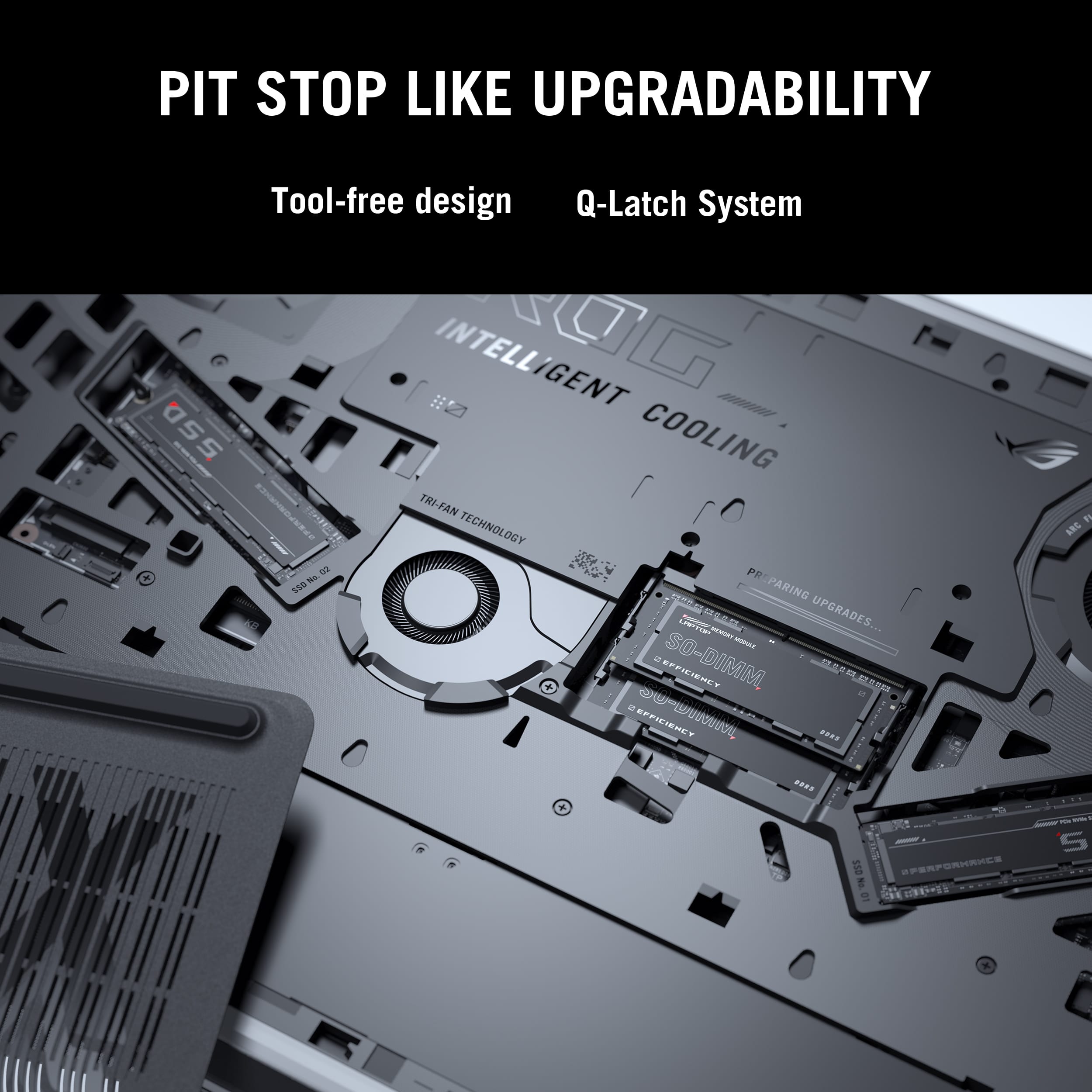 Pit Stop Like Upgradability Tool-free design Q-Latch System asS TC! - 56A Intelligent Cooling Tri-Fan Technology S Preparing 12677ID MAEL d Upgrades.. - - a SO-DIMM Efficiency MLEA MAALSOM . Efficiency - ...0 e ARG .... - 550 Sperformance Computers.