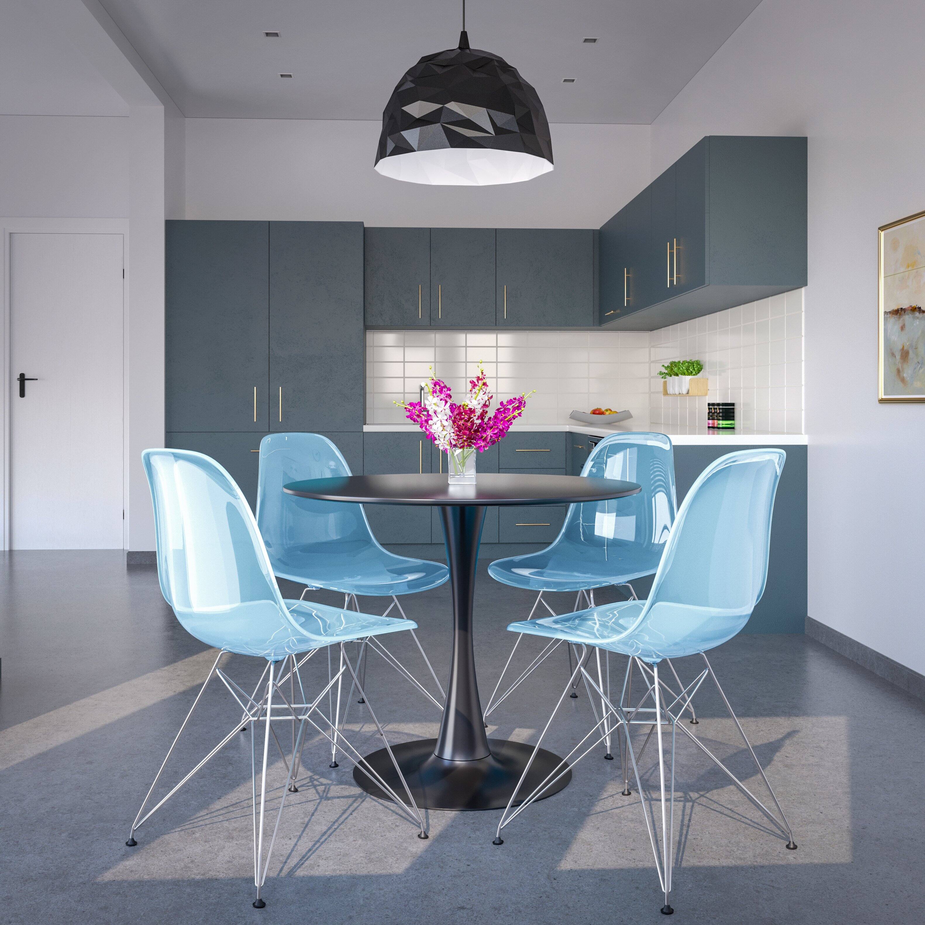 Left. LeisureMod - Cresco 4-Pieces Ergonomic Acrylic Dining Chair with Chrome Eiffel Base for Home or Office - Transparent Blue.