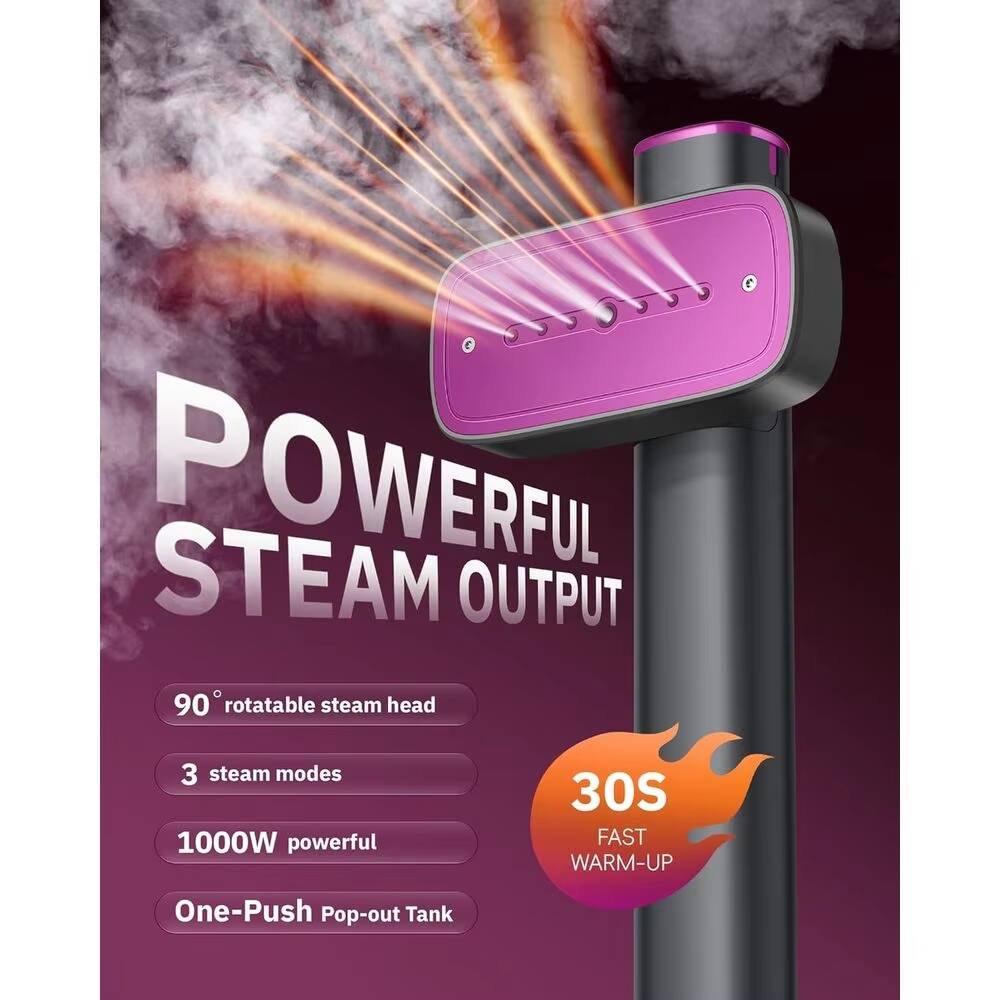 POWERFUL STEAM OUTPUT  
90° rotatable steam head  
3 steam modes  
1000W powerful  
30S FAST WARM-UP  
One-Push Pop-out Tank