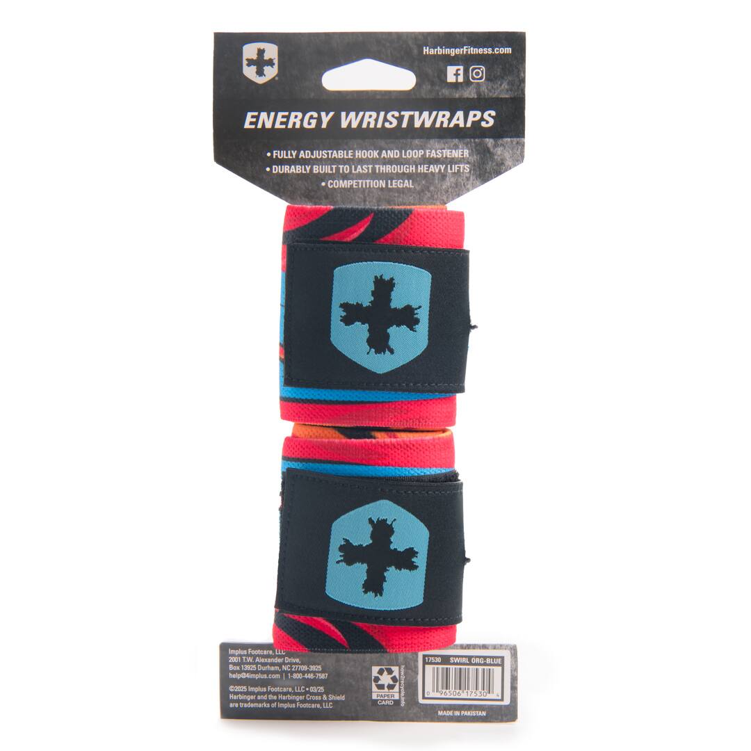 HarbingerFitness.com

ENERGY WRISTWRAPS

- FULLY ADJUSTABLE HOOK AND LOOP FASTENER
- DURABLY BUILT TO LAST THROUGH HEAVY LIFTS
- COMPETITION LEGAL

Implus Footcare LLC
2001 T.W. Alexander Drive, Suite 100
Durham, NC 27709-3925
help@implus.co
1-800-446-7582

©2021 Implus Footcare, LLC. 03-275
Harbinger and the Harbinger Cross & Shield are trademarks of Implus Footcare LLC

PAPER I CARD
17530 SWIRL ORG-BLUE
4 96506 17530

MADE IN PAKISTAN