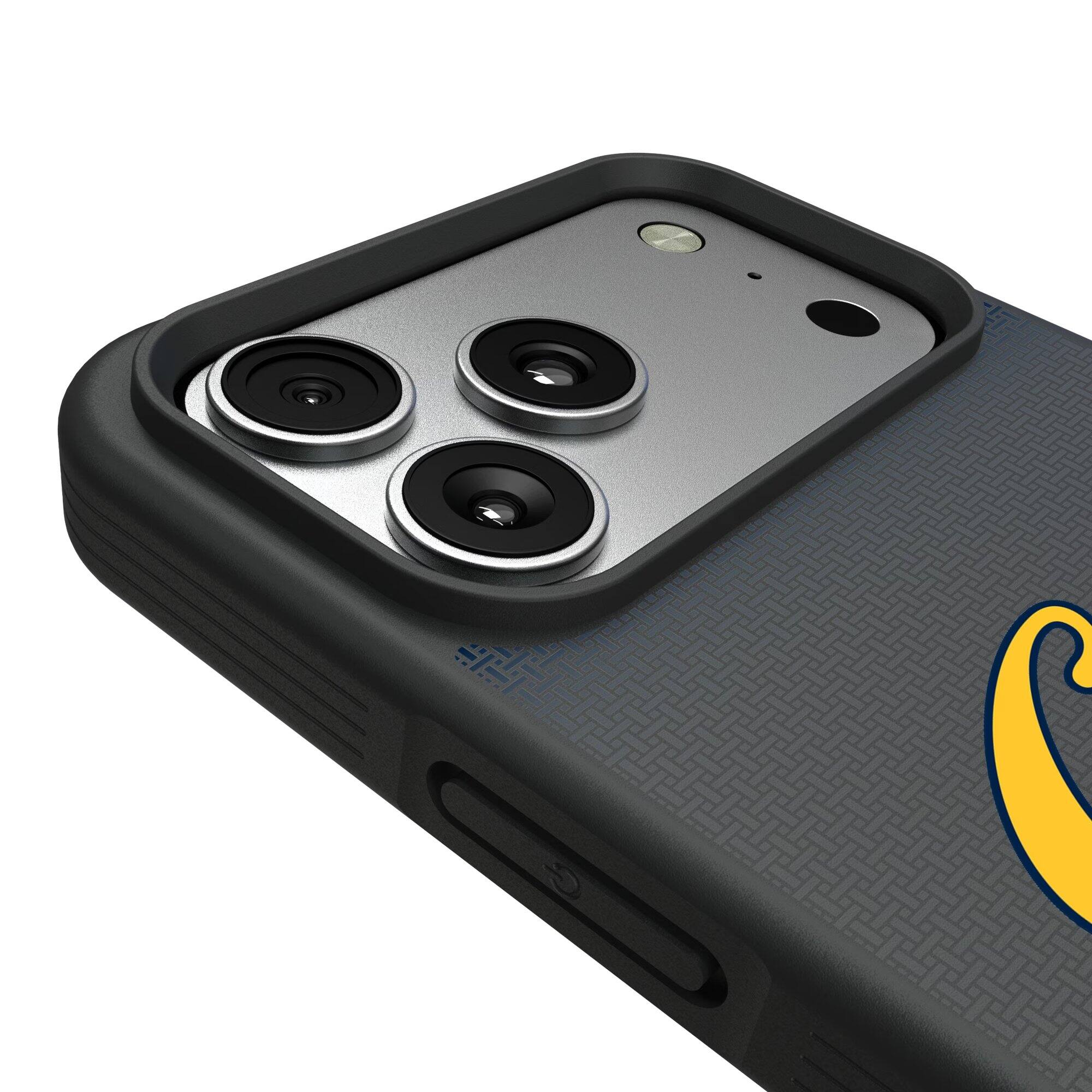 Alt View 2. Keyscaper - Cal Bears Linen Logo iPhone Bump Case - 15 Pro - Black.