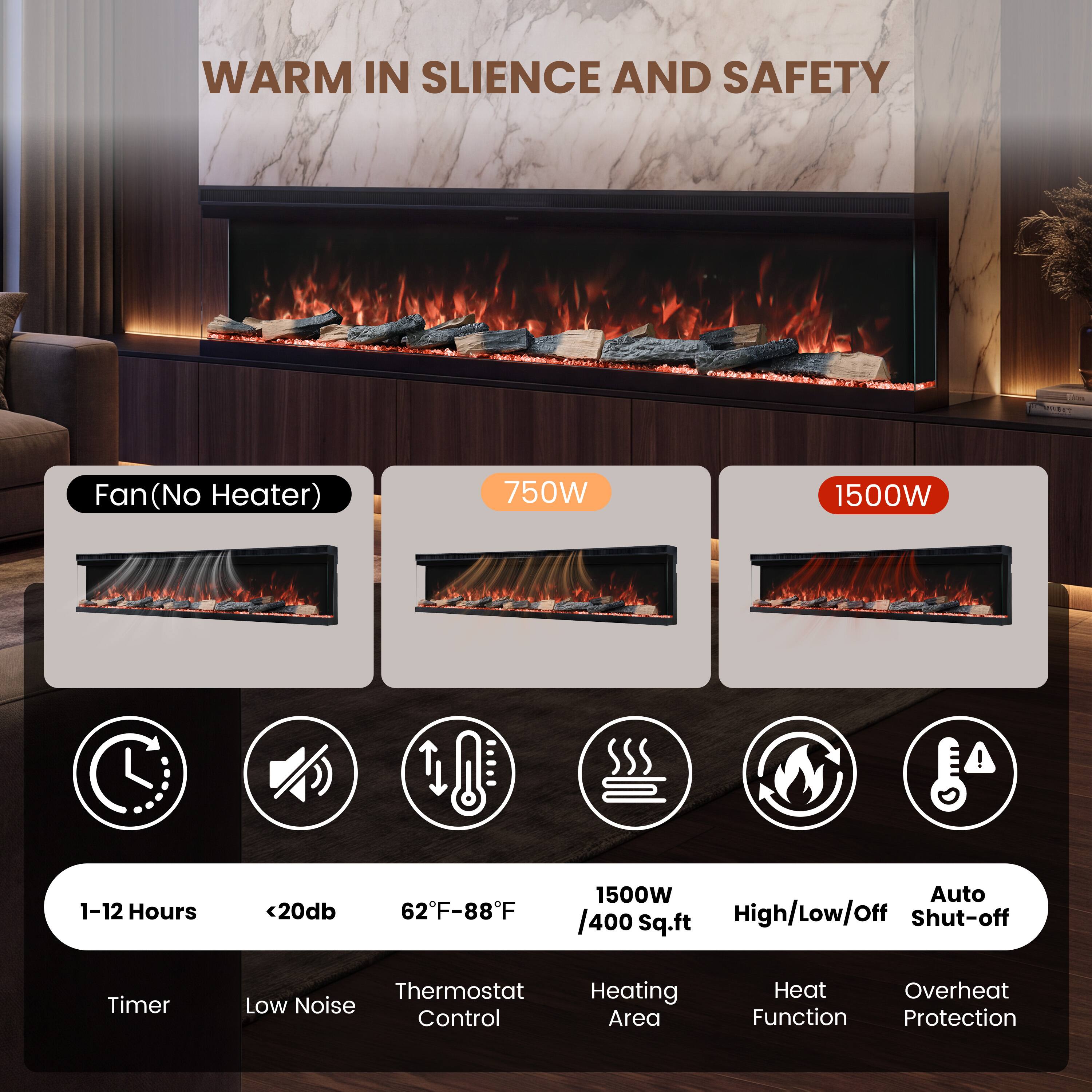 WARM IN SILENCE AND SAFETY

MARKT

Fan (No Heater)
750W
1500W

1-12 Hours
<20db
62F-88F
1500W Auto /400 Sq.ft High/Low/Off Shut-off
Timer
Thermostat Low Noise Control
Heating Area
Heat Overheat Function Protection