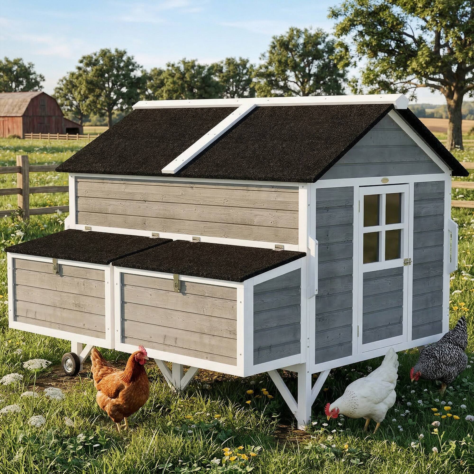 Alt View 1. Pawhut - Wooden Chicken Coop w/ Wheels, Handles, 2 Nesting Boxes, 2 Trays, 4 Perches.