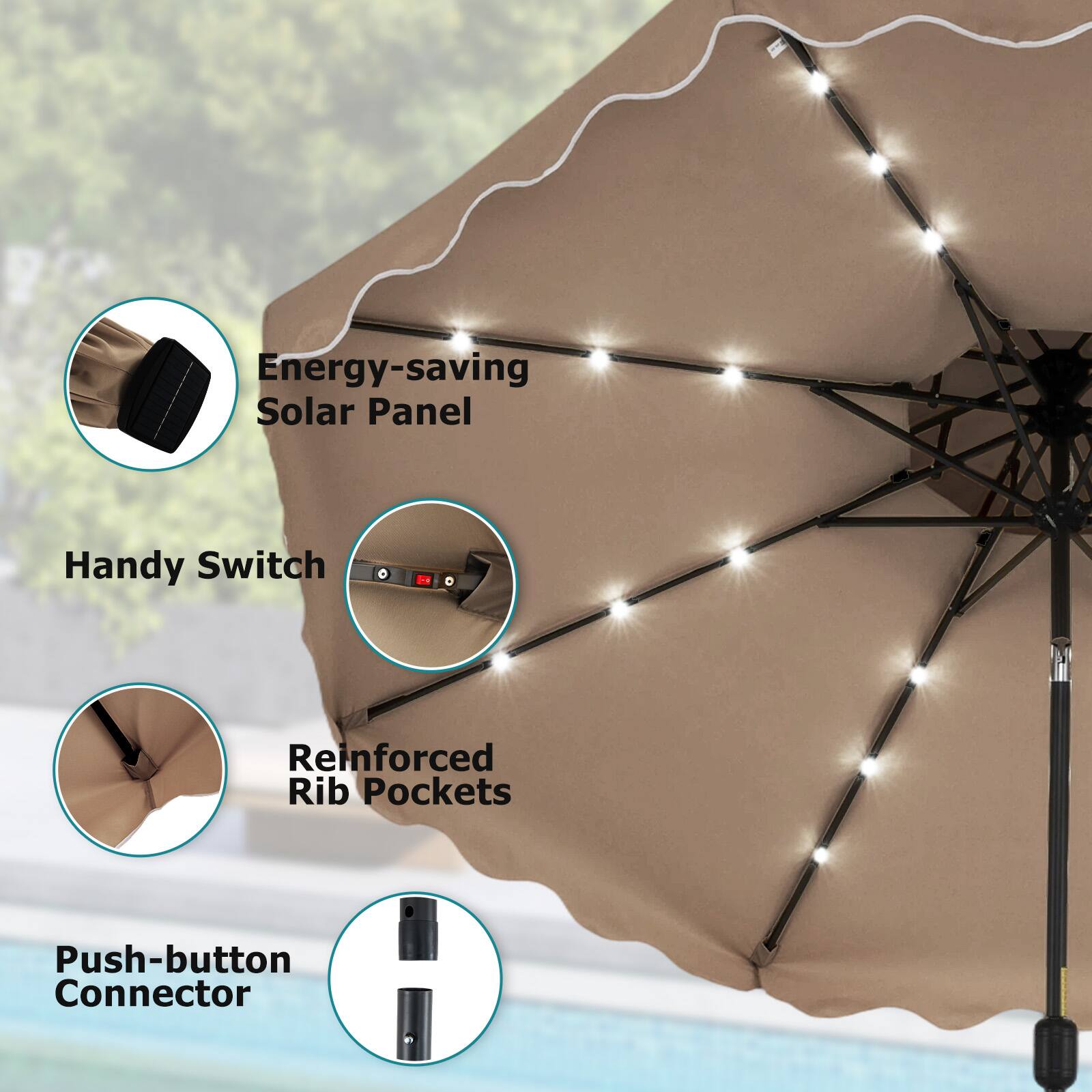 Energy-saving Solar Panel  
Handy Switch  
Reinforced Rib Pockets  
Push-button Connector
