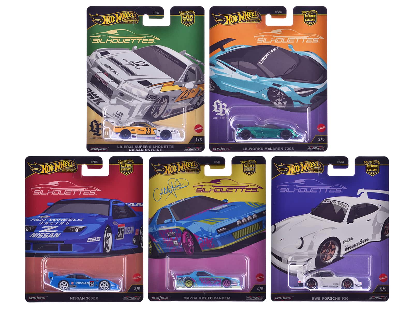 Sure, here is the corrected and grouped text from the image:

---

**Hot Wheels Premium Car Culture Silhouettes**

1. **1/5**
   - NISSAN SKYLINE
   - LB-ER34 SUPER SILHOUETTE
   - Real Riders
   - LB-ER34
   - PP986

2. **2/5**
   - LB-WORKS McLAREN 720S
   - Real Riders
   - LB-WORKS
   - PP986

3. **3/5**
   - NISSAN 300ZX
   - BBS
   - Real Riders
   - NISSAN 300ZX
   - PP986

4. **4/5**
   - MAZDA RX7 FC PANDEM
   - Real Riders
   - MAZDA RX7 FC PANDEM
   - PP986

5. **5/5**
   - RWB PORSCHE 930
   - Real Riders
   - RWB PORSCHE 930
   - PP986

---

**Hot Wheels Premium Car Culture Silhouettes