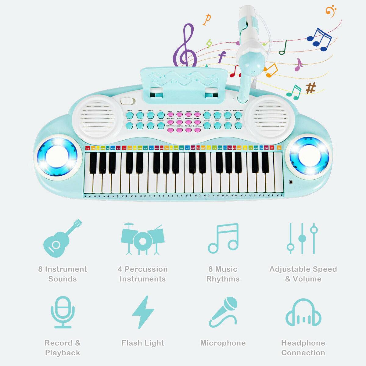 - 8 Instrument Sounds
- 4 Percussion Instruments
- 8 Music Rhythms
- Adjustable Speed & Volume
- Record & Playback
- Flash Light
- Microphone
- Headphone Connection
