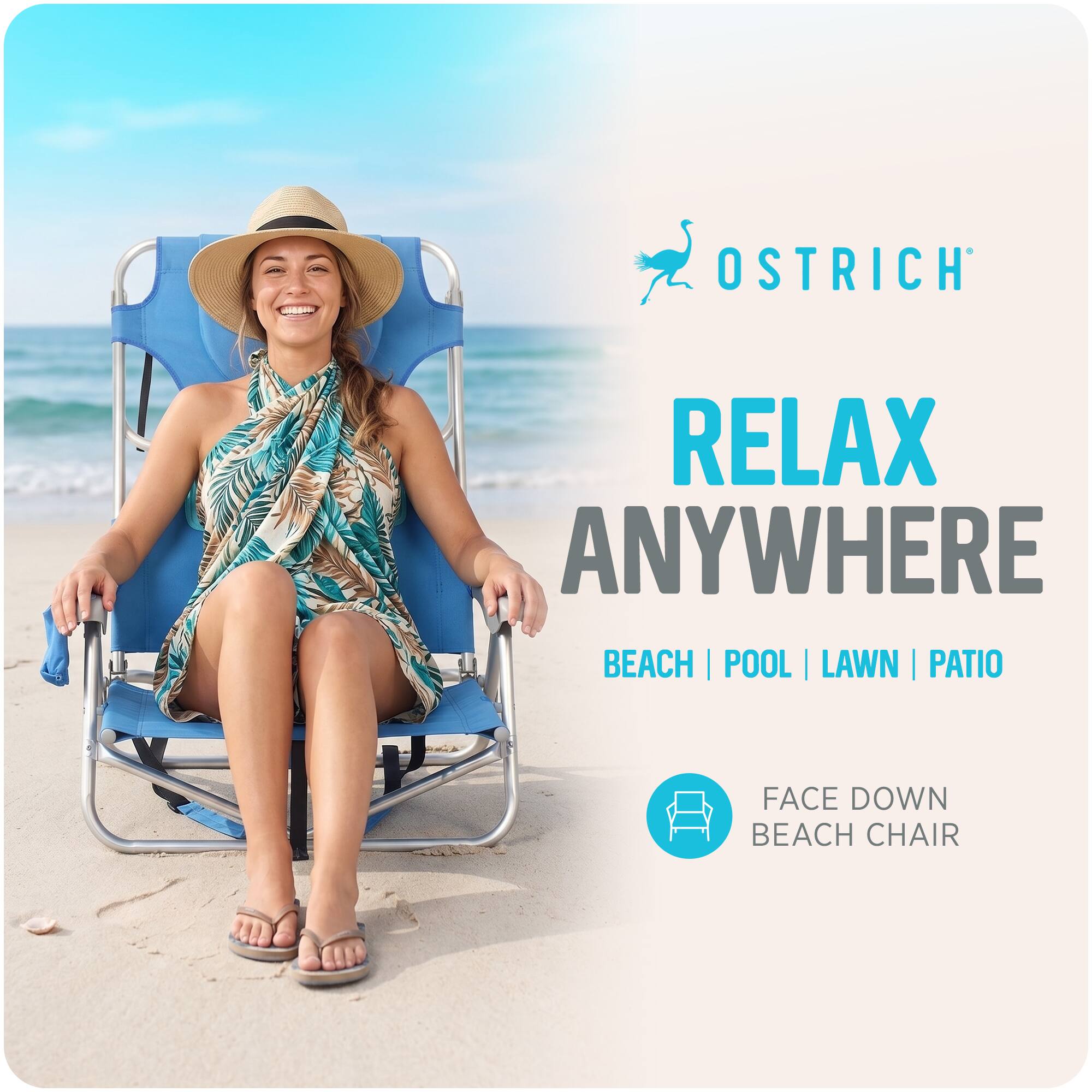 OSTRICH RELAX ANYWHERE BEACH | POOL | LAWN | PATIO  
FACE DOWN BEACH CHAIR
