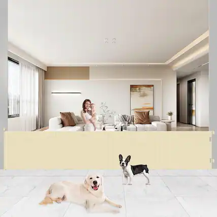 Front. Pawtners - Pawtners 200" Extra Wide Retractable Baby Gate, 41" Tall Mesh Dog Barrier with Reinforced Strips for Indoor Outdoor - Beige.