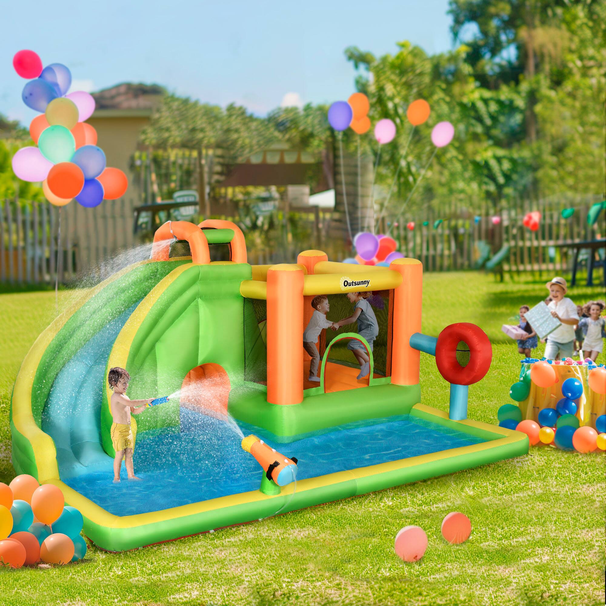 Left. Loheer - Loheer 7-in-1 Inflatable Water Slide Kids Bounce House Backyard Water Park with Pool Climbing Wall and 750W Blower.