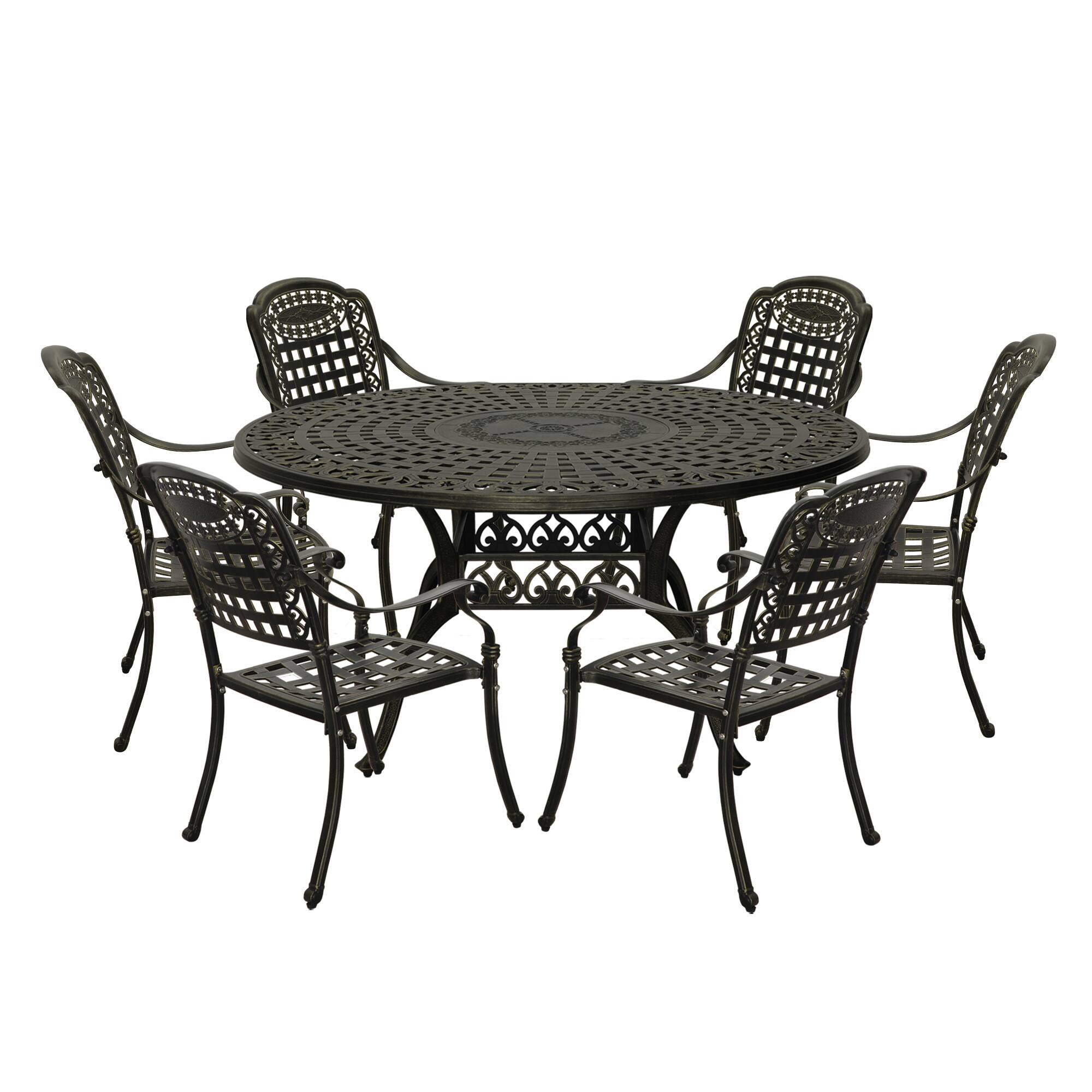 Back. Mondawe - 7-Piece Cast Aluminum Dining Set - Bronze.