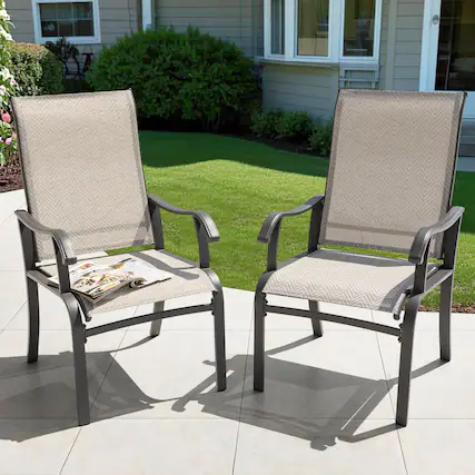Front. Nuu Garden - Outdoor 2-Piece Textilene and Metal Dining Chairs with Ergonomic Design - Beige and Gray.