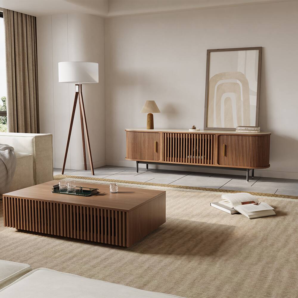 Left. POVISON - 71" Mid-Century Modern Sintered Stone Tabletop TV Stand - Walnut with Sintered Stone.