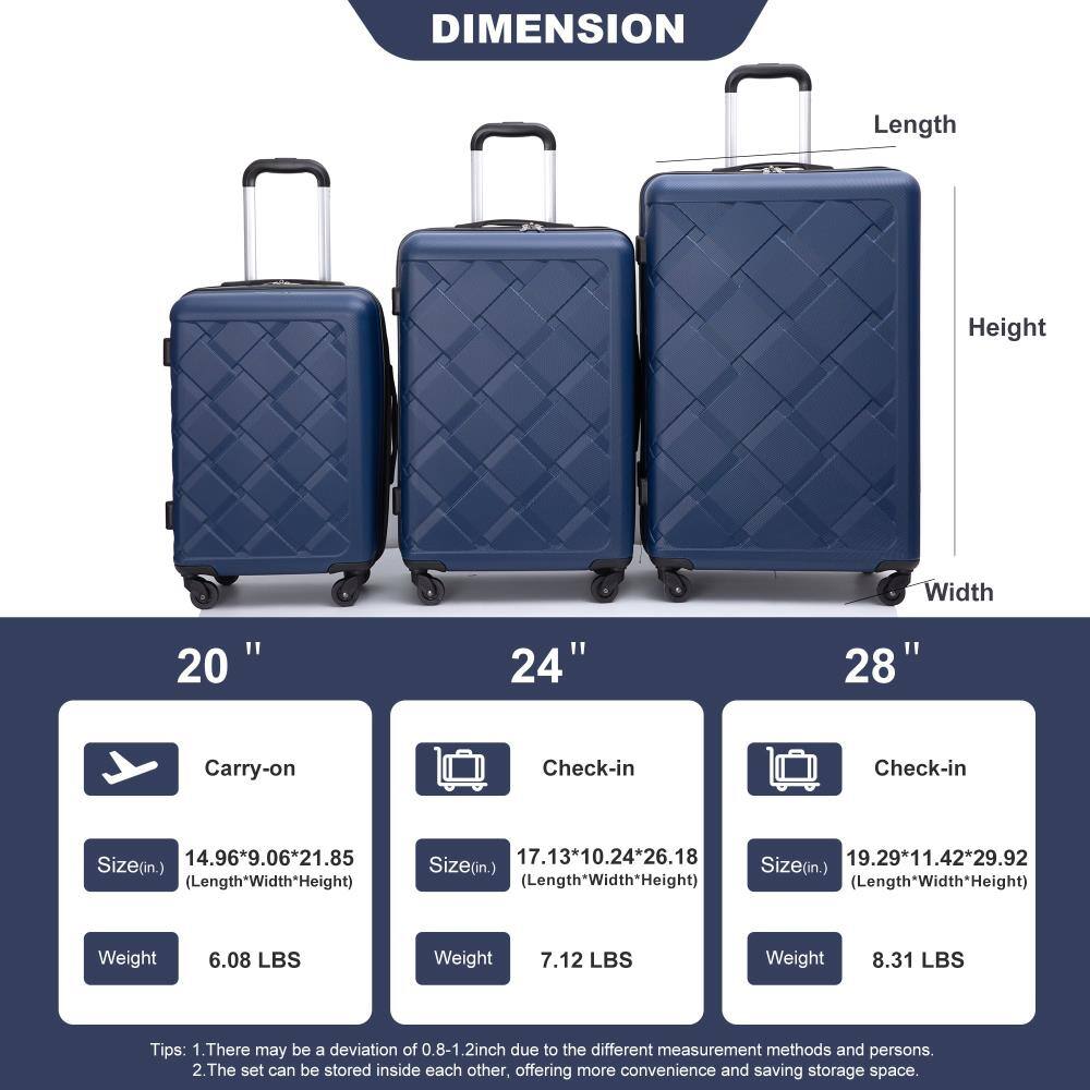 **DIMENSION**

- **20" Carry-on**
  - Size (in.): 14.96" x 9.06" x 21.85" (Length x Width x Height)
  - Weight: 6.08 LBS

- **24" Check-in**
  - Size (in.): 17.13" x 10.24" x 26.18" (Length x Width x Height)
  - Weight: 7.12 LBS

- **28" Check-in**
  - Size (in.): 19.29" x 11.42" x 29.92" (Length x Width x Height)
  - Weight: 8.31 LBS

**Tips:**
1. There may be a deviation of 0.8-1.2 inch due to the different measurement methods and persons.
2. The set can be stored inside each other, offering more convenience and saving storage space.