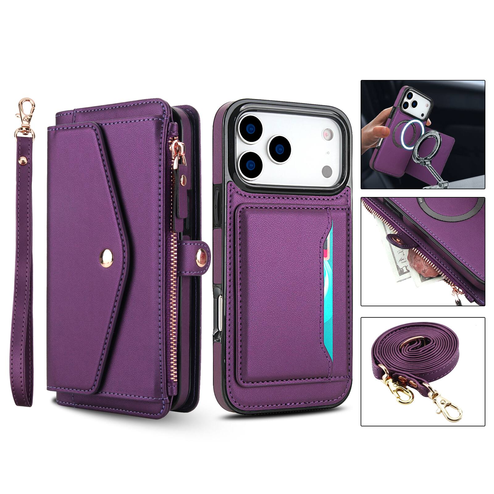 Alt View 5. Dteck - Crossbody RFID Blocking Zipper Wallet Card For iPhone 17 Pro Max Handbag Magnetic Kickstand Wrist Strap Case - Purple.