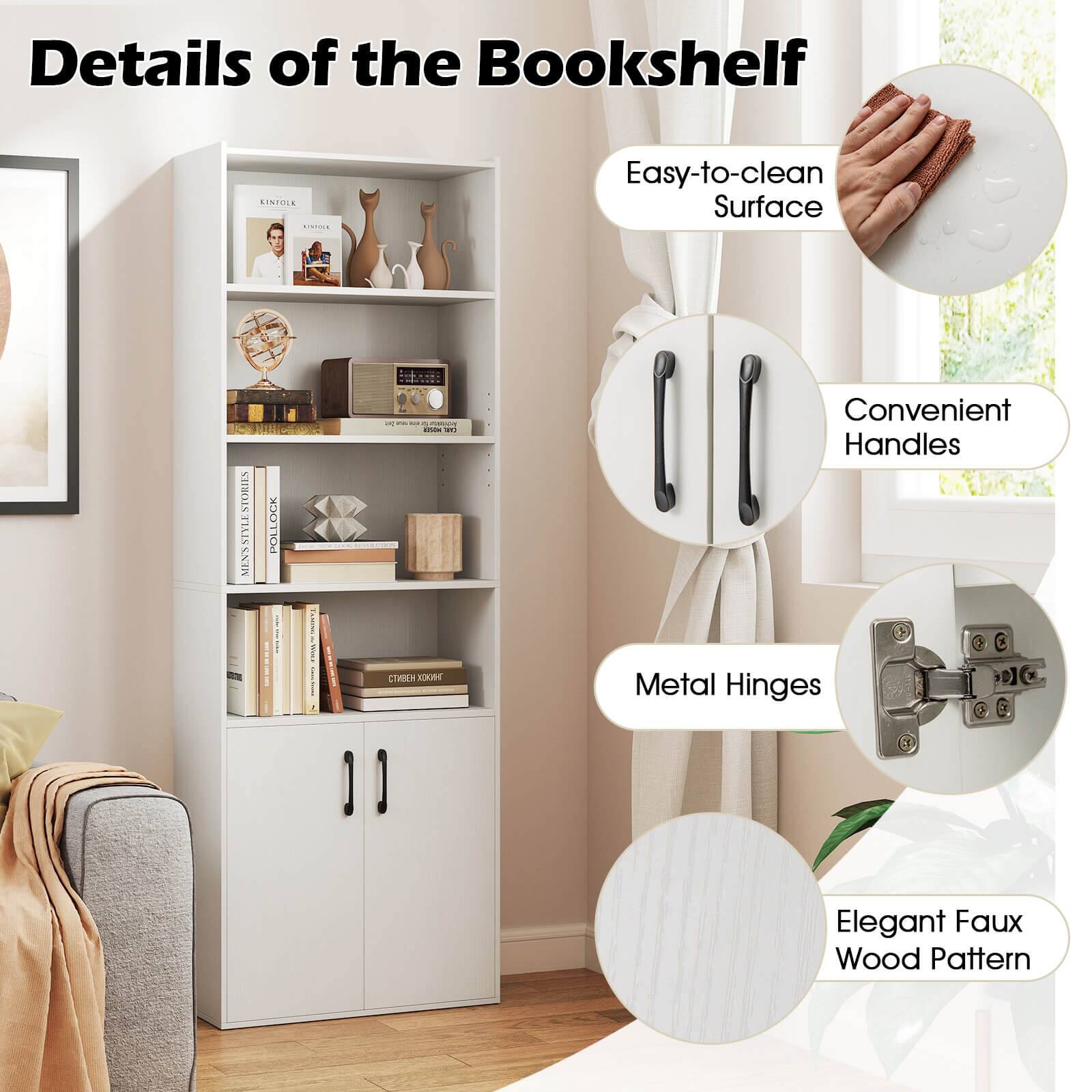 Details of the Bookshelf: Easy-to-clean surface, Convenient handles, Metal hinges, Elegant faux wood pattern.