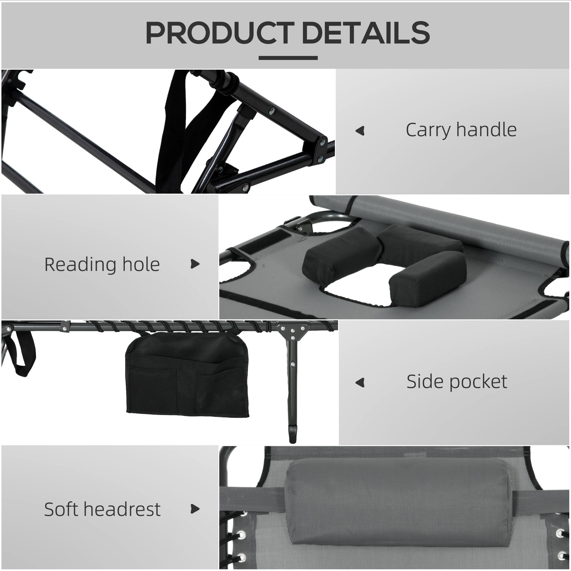 PRODUCT DETAILS

- Carry handle
- Reading hole
- Side pocket
- Soft headrest