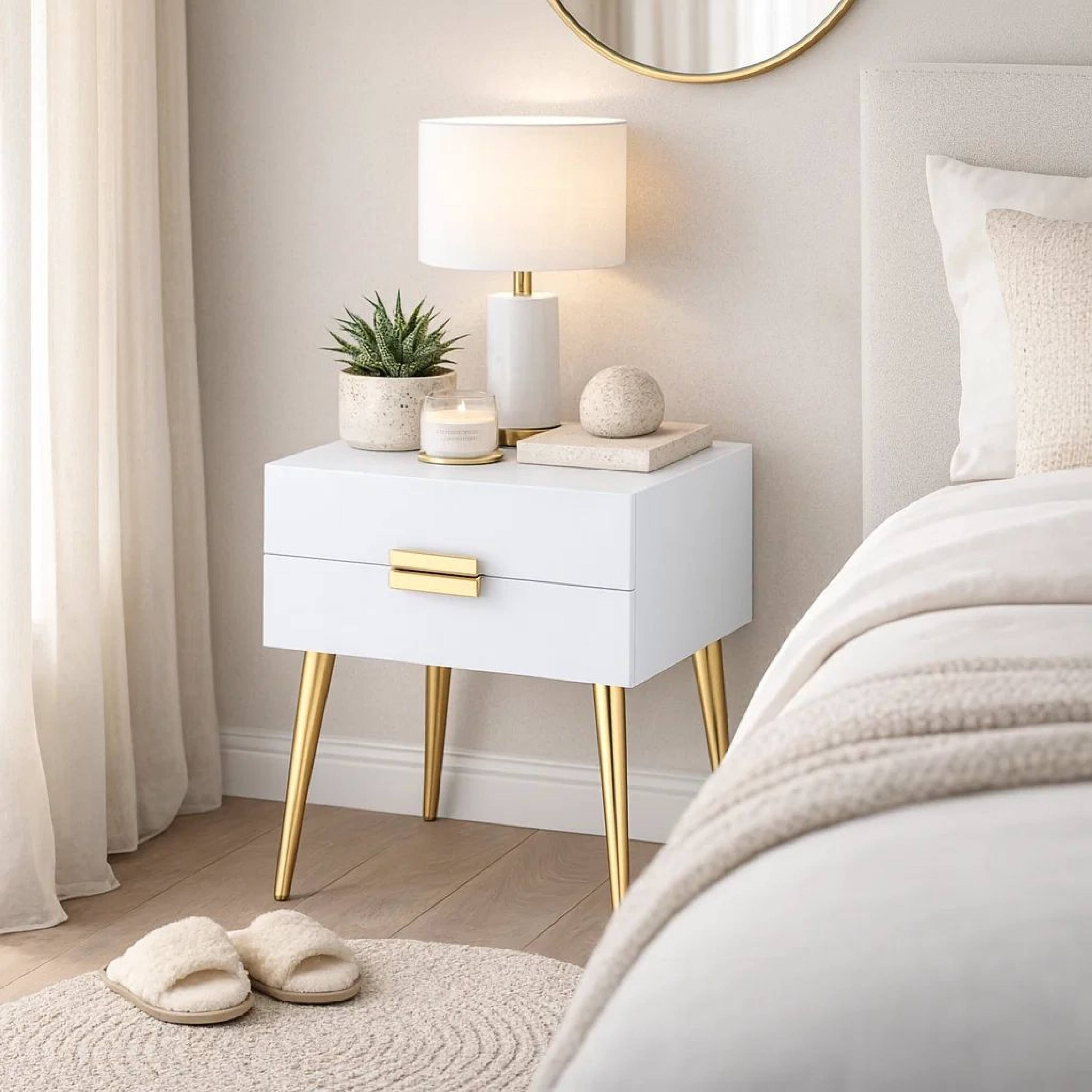 Alt View 8. Manhattan Lane - Denvor Square End Table with Drawers - White & Gold.