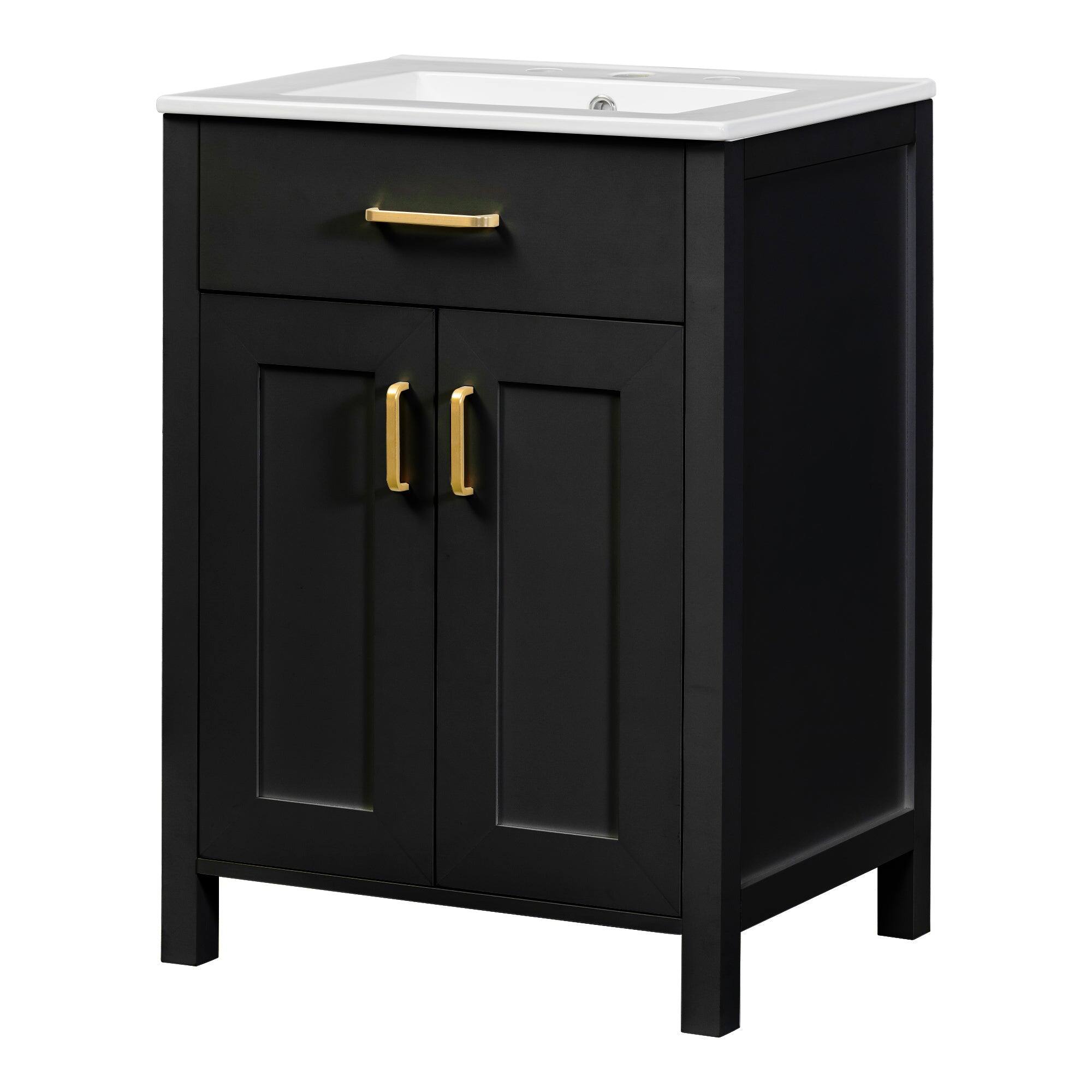 Left. Boyel Living - 48 Inch Double Bathroom Vanity with Dual Ceramic Sinks, Soft-Close Doors, Flip Drawer, Gold Handles, Adjustable Shelf - Black.