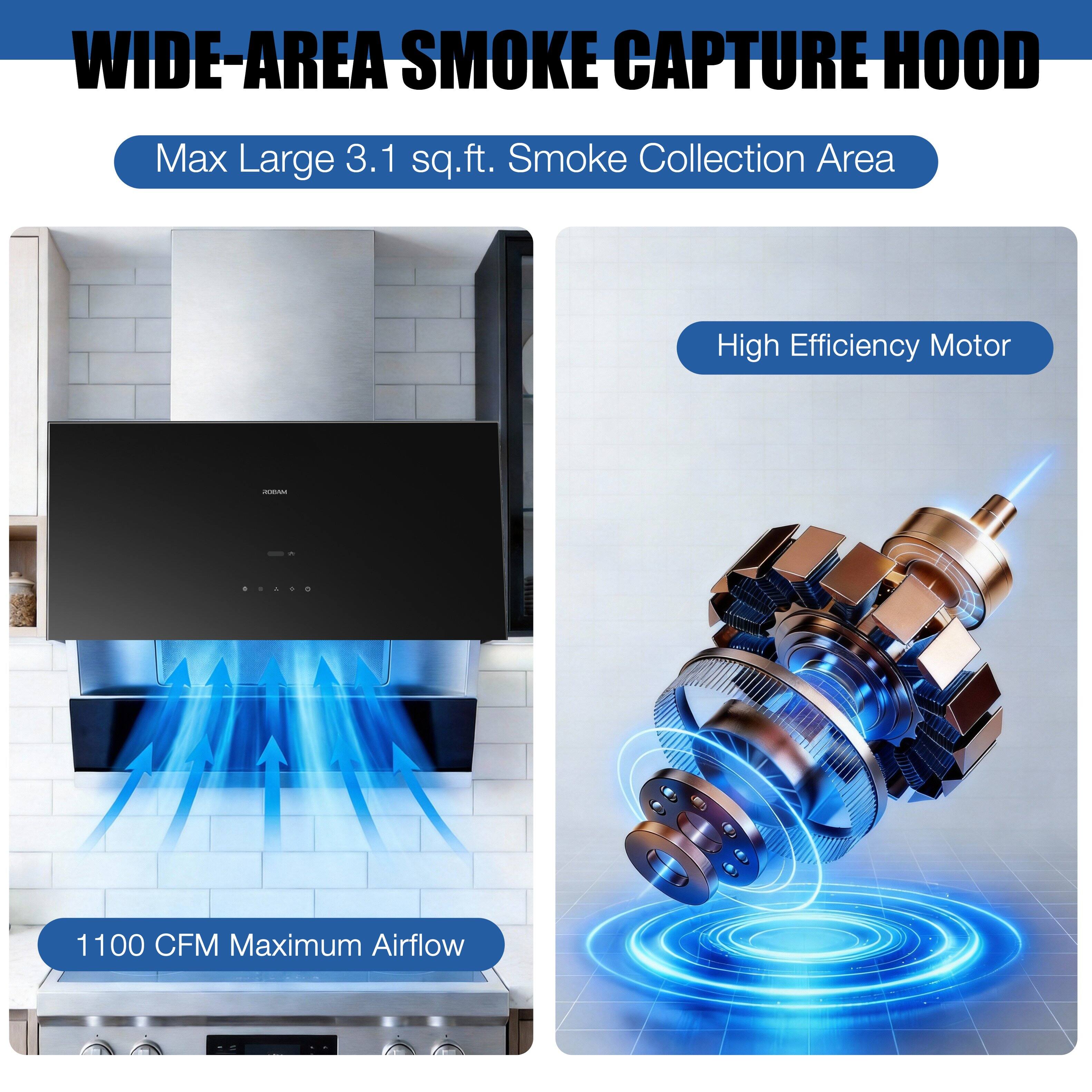 WIDE-AREA SMOKE CAPTURE HOOD

Max Large 3.1 sq.ft. Smoke Collection Area

High Efficiency Motor

1100 CFM Maximum Airflow