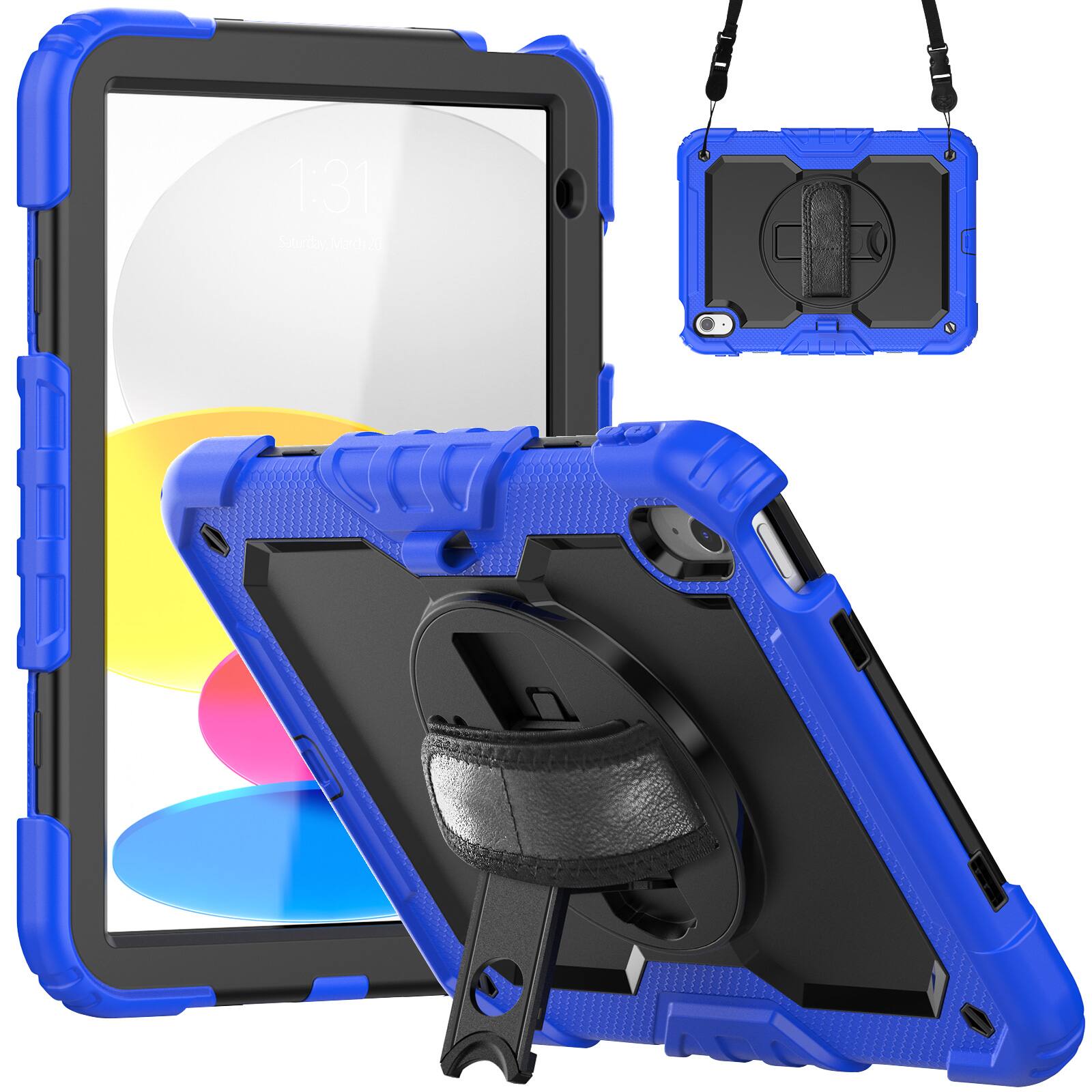 Angle. Dteck - For Apple iPad 11"(A16 chip 2025)&iPad 10th 2022 Three-Layer Kickstand Shoulder Strap Case Built-in Screen Protector - Blue.
