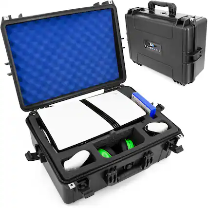 Front. CASEMATIX - CASEMATIX Waterproof Travel Case Compatible With PlayStation 5 Pro & PS5 Pro Disc Drive, Controllers and Accessories - Black.