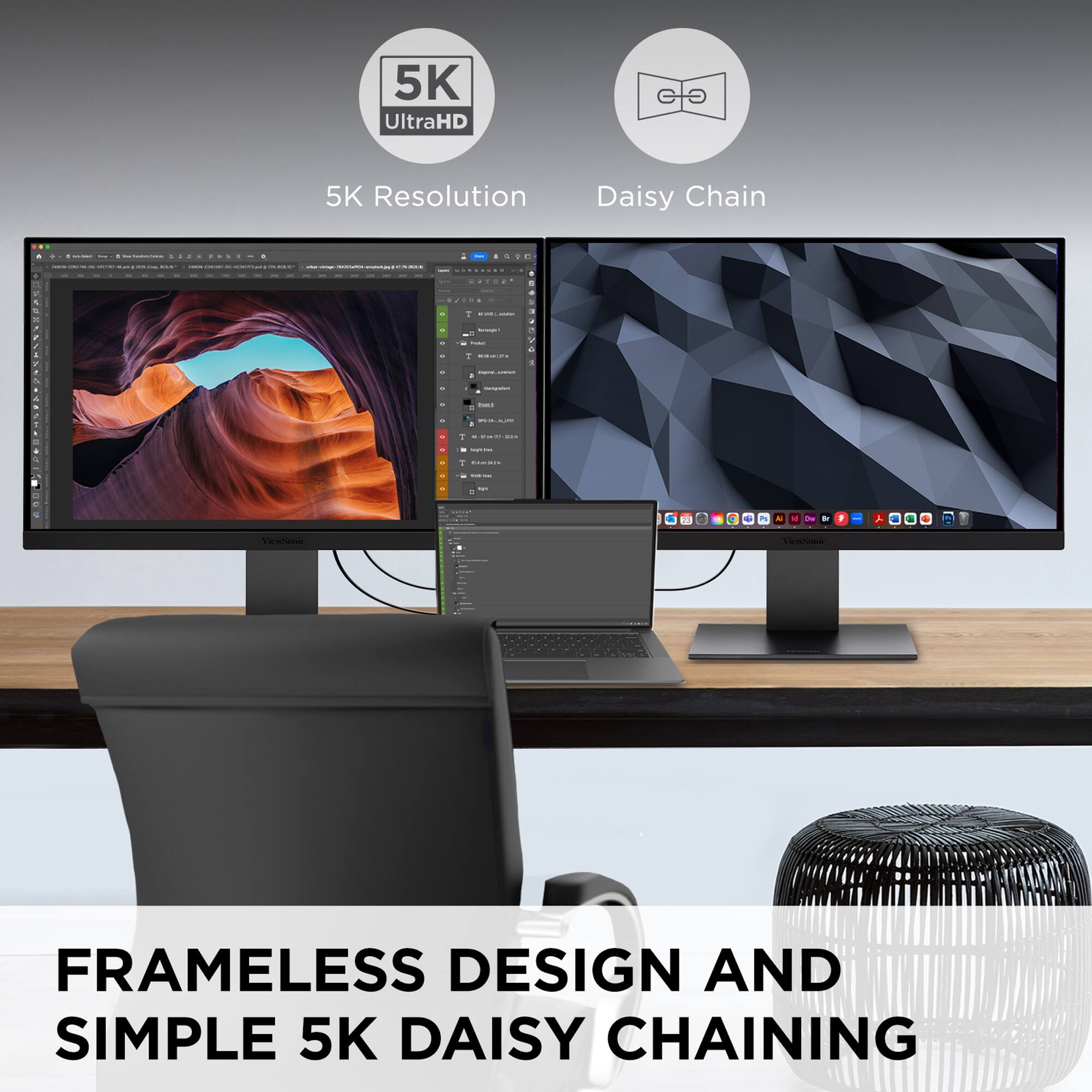 The text on the image reads: "Frameless Design and Simple 5K Daisy Chaining."