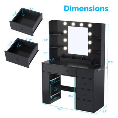dressing table with drawers black 55"W Dresser for Bedroom with 2 Open Shelves, Chest of Drawers with Metal Frame & Wooden Shelves Top for Entryway, Closet Black