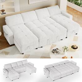 Dyonery - 105" U Shaped Couch Sleeper Sofa, Pull Out Couch with Reclining Backrest, Reversible Storage Chaise, USB Ports - Beige