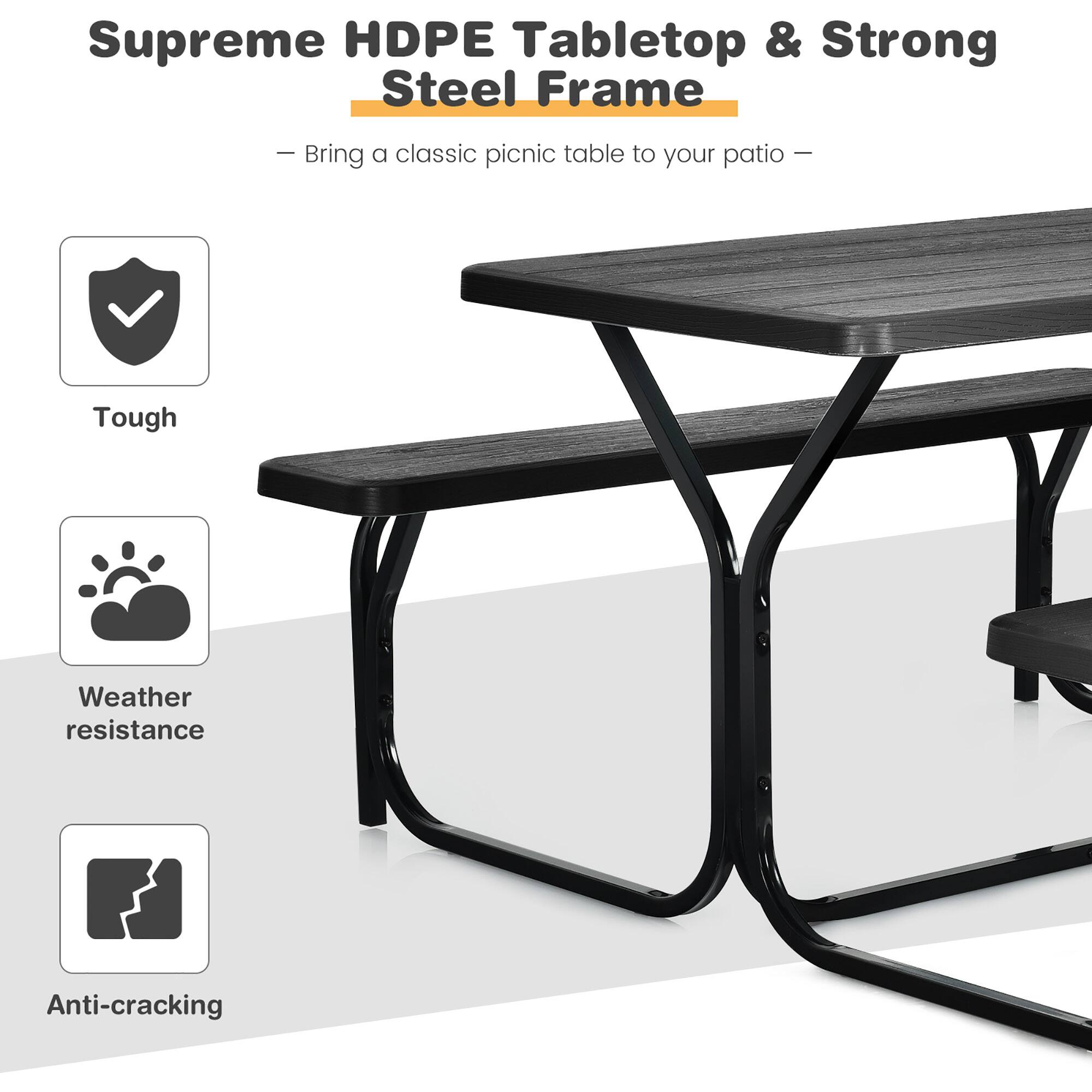 Supreme HDPE Tabletop & Strong Steel Frame

- Bring a classic picnic table to your patio —

- Tough
- Weather resistance
- Anti-cracking