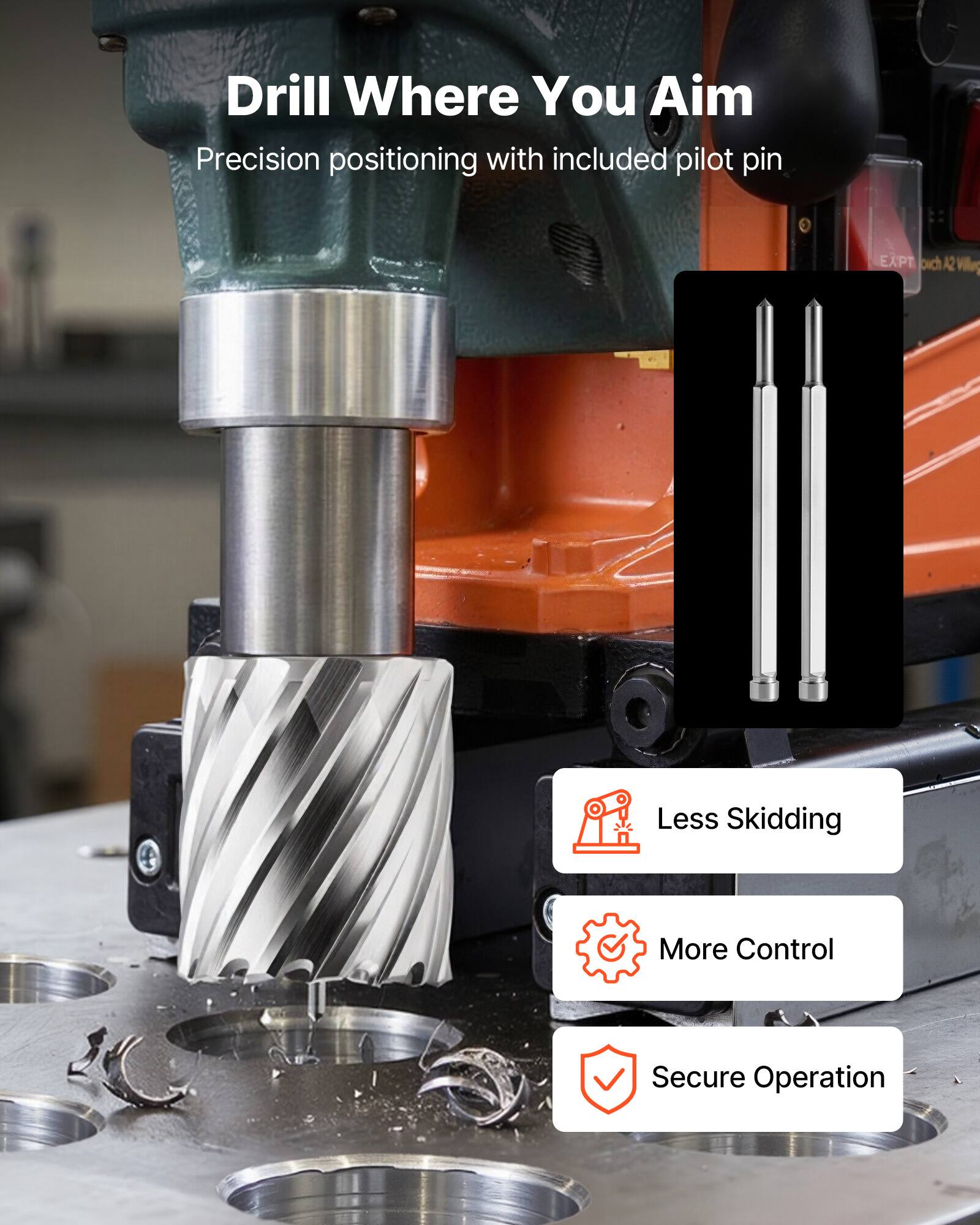 Drill Where You Aim  
Precision positioning with included pilot pin  

Less Skidding  
More Control  
Secure Operation