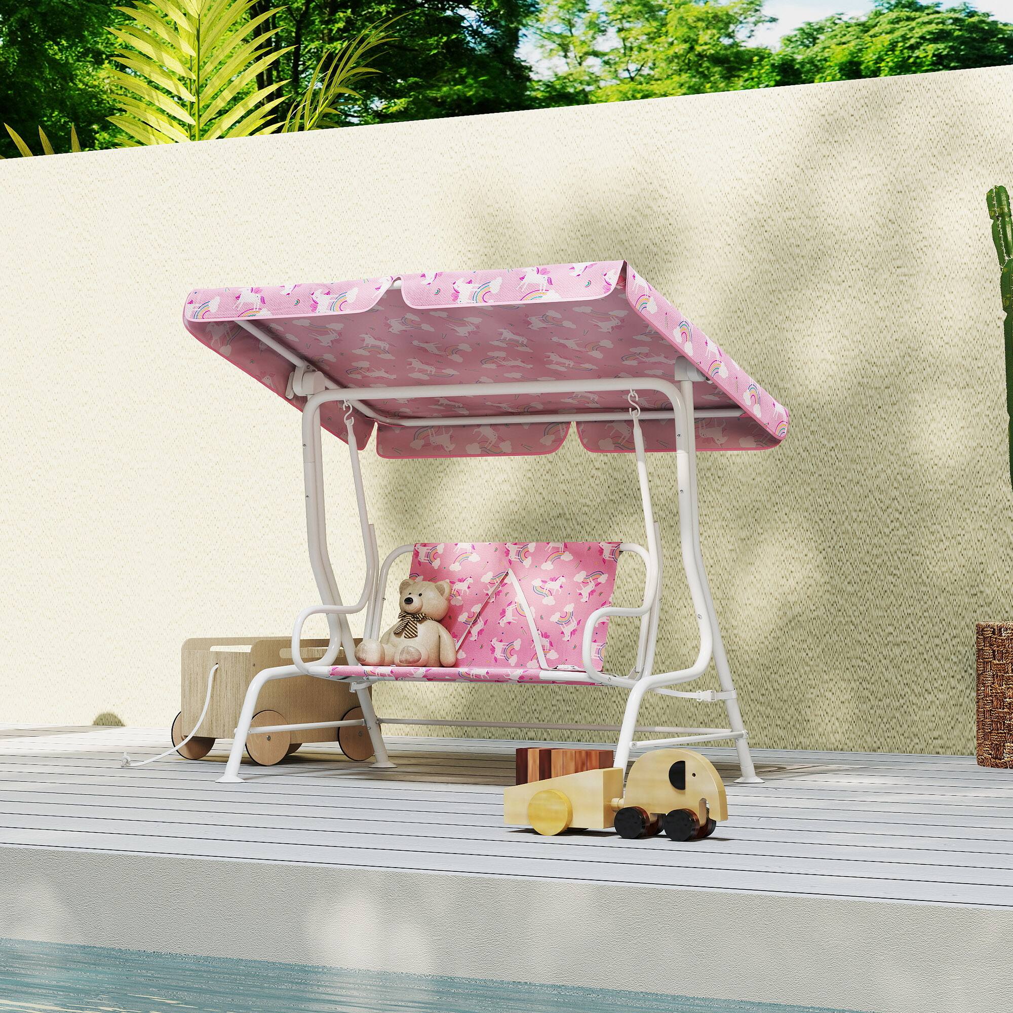 Alt View 1. Qaba - Kids Porch Swing, 2-Seater Patio Swing Bench with Safety Belts, Adjustable Canopy for Backyard - Pink.