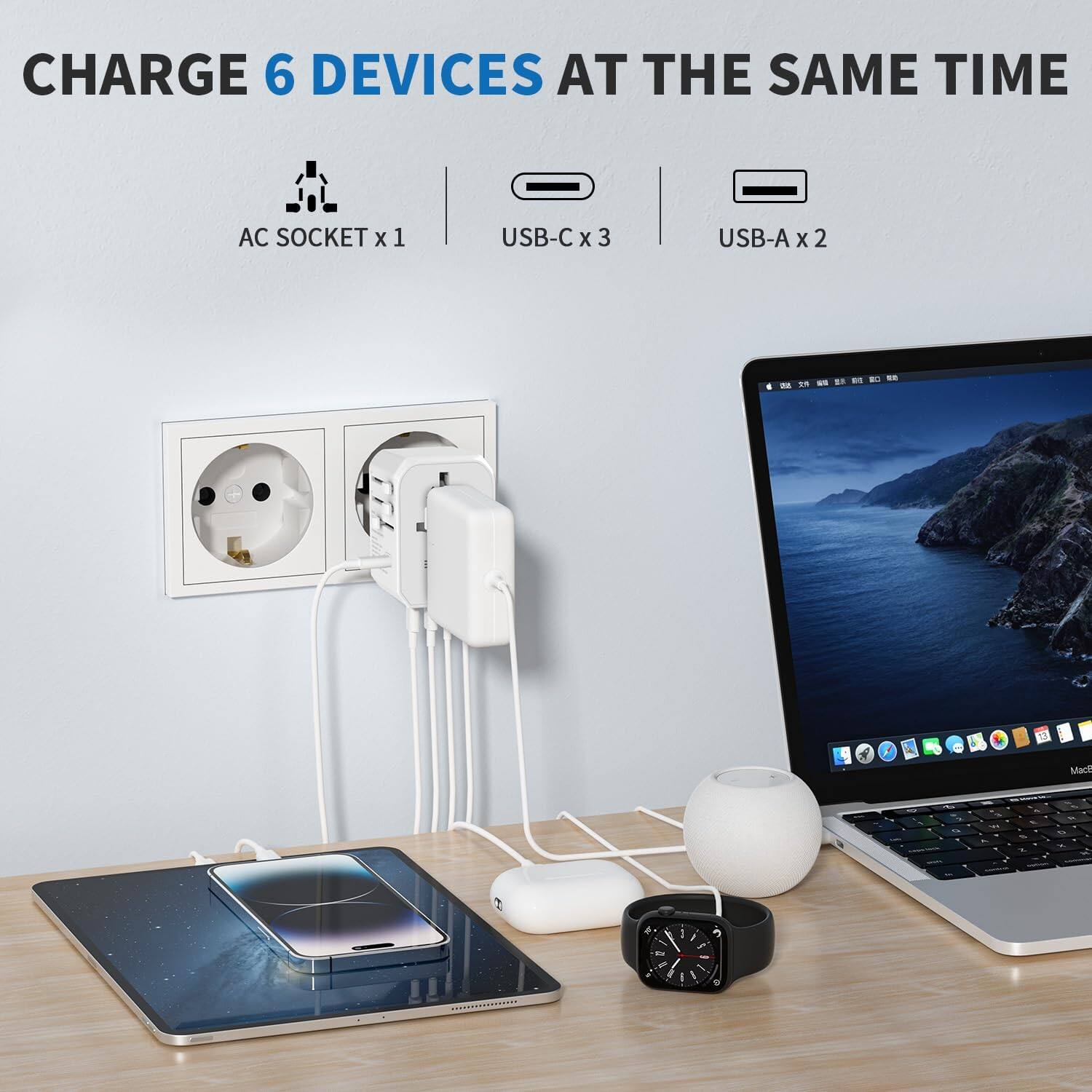 CHARGE 6 DEVICES AT THE SAME TIME AC SOCKET X 1 USB-C X 3 USB-A X 2