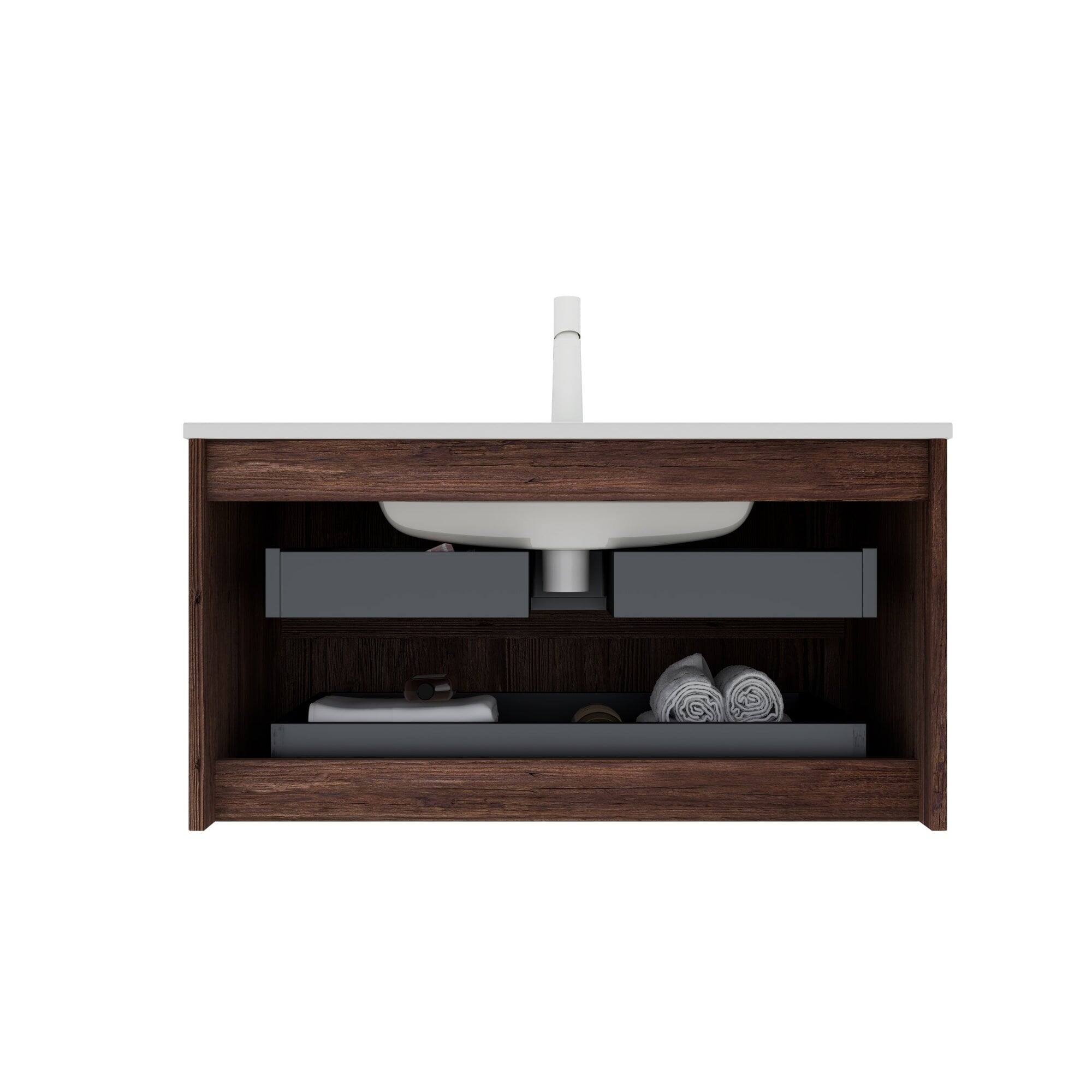 Alt View 2. Boyel Living - 36 Bathroom Vanity with Sink Wall Mounted Floating Plywood Cabinet 2 Drawers White Ceramic Basin Retro Walnut - White + Deep Walnut.