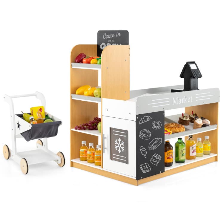 SlickBlue - Pretend Play Grocery Store Set with Shopping Cart and Dual Chalkboards - Multicolor