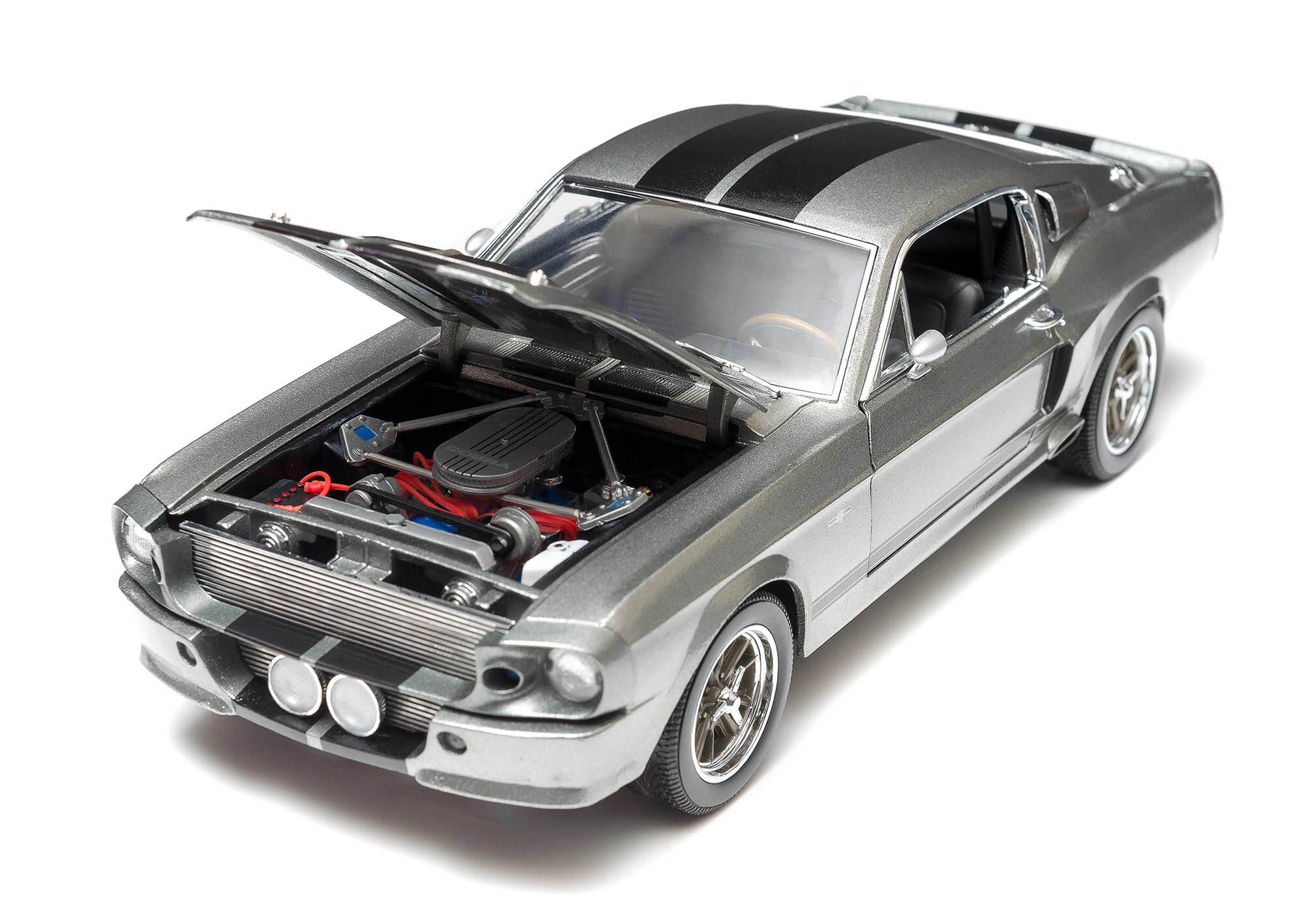 Angle. Greenlight - 1967 Ford Mustang Custom "Eleanor" Gray Metallic with Black Stripes "Gone in 60 Seconds" (2000) Movie 1/18 - Gray Metallic and  Black.