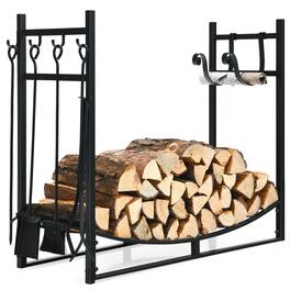 Gymax - 36'' Fireplace Log Rack W/ 4 Tool Set Kindling Holders for Indoor Outdoor - Black