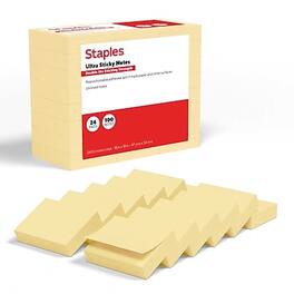 Staples - Ultra Sticky Notes, 1 3/8" x 1 7/8", Sunshine Collection, 100 Sheets/Pad, 24 Pads/Pack - Yellow