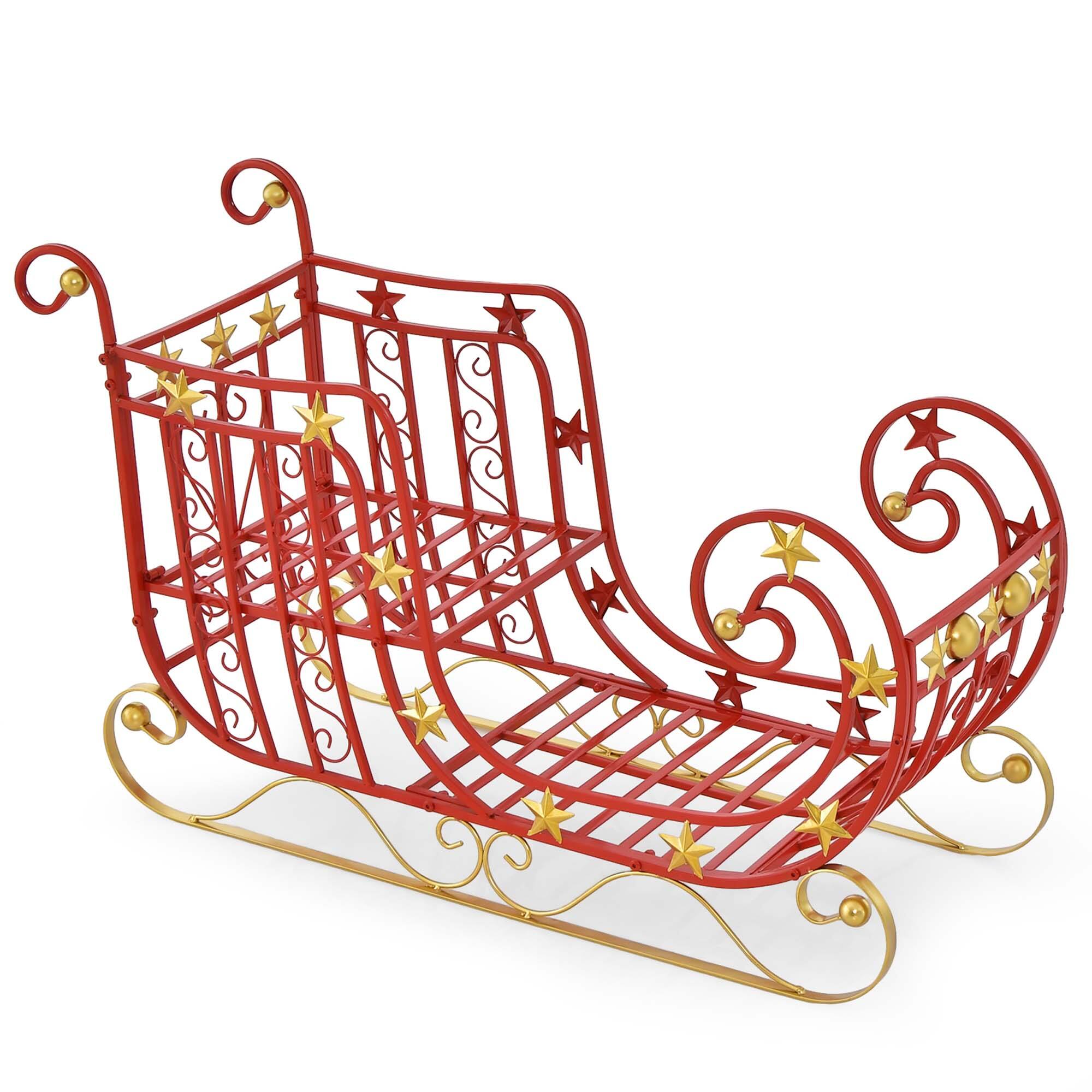 Alt View 19. Costway - Red Santa Sleigh with Large Cargo Area for Gifts Metal Christmas Holiday Decor - Red/Golden.